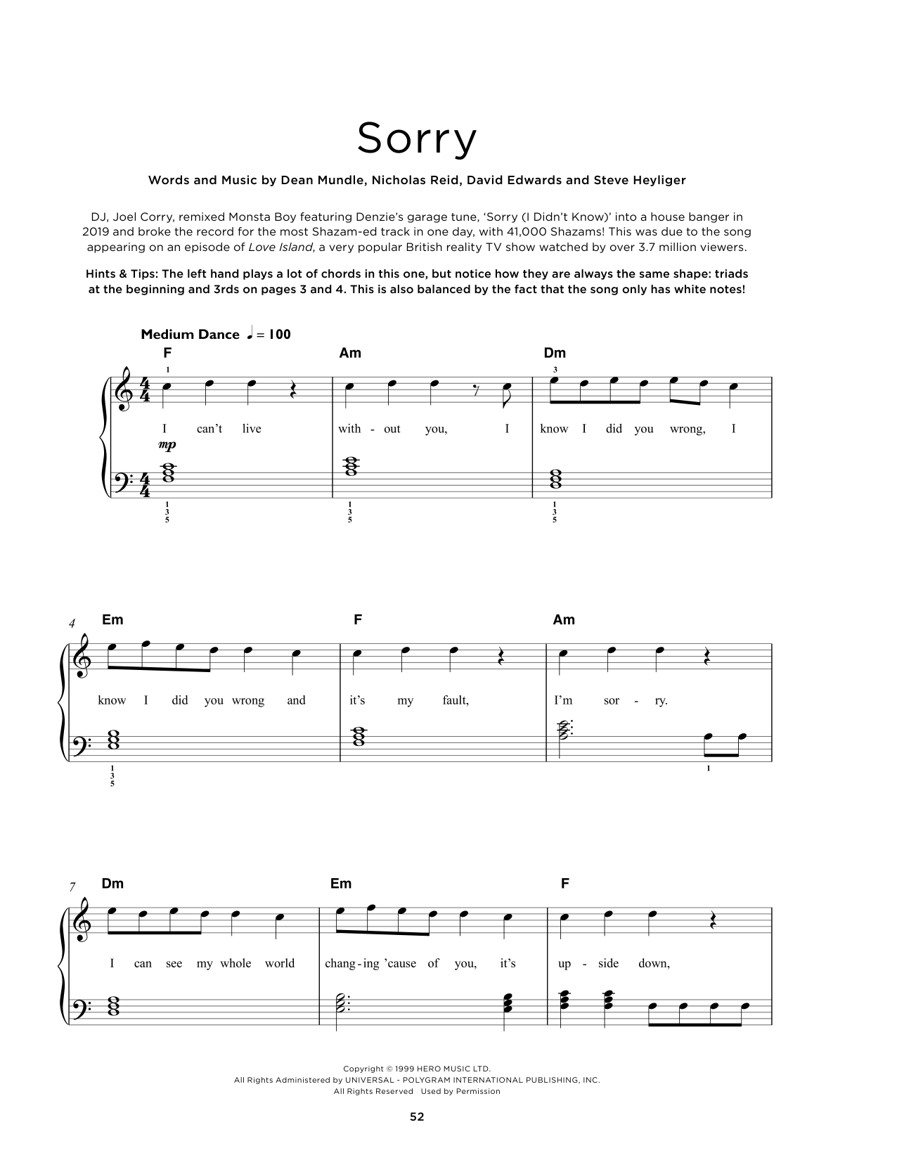 Download Joel Corry Sorry Sheet Music and learn how to play Really Easy Piano PDF digital score in minutes