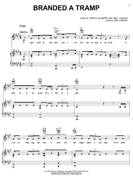 Download Joel Higgins Branded A Tramp (from Johnny Guitar) Sheet Music and learn how to play Piano, Vocal & Guitar (Right-Hand Melody) PDF digital score in minutes