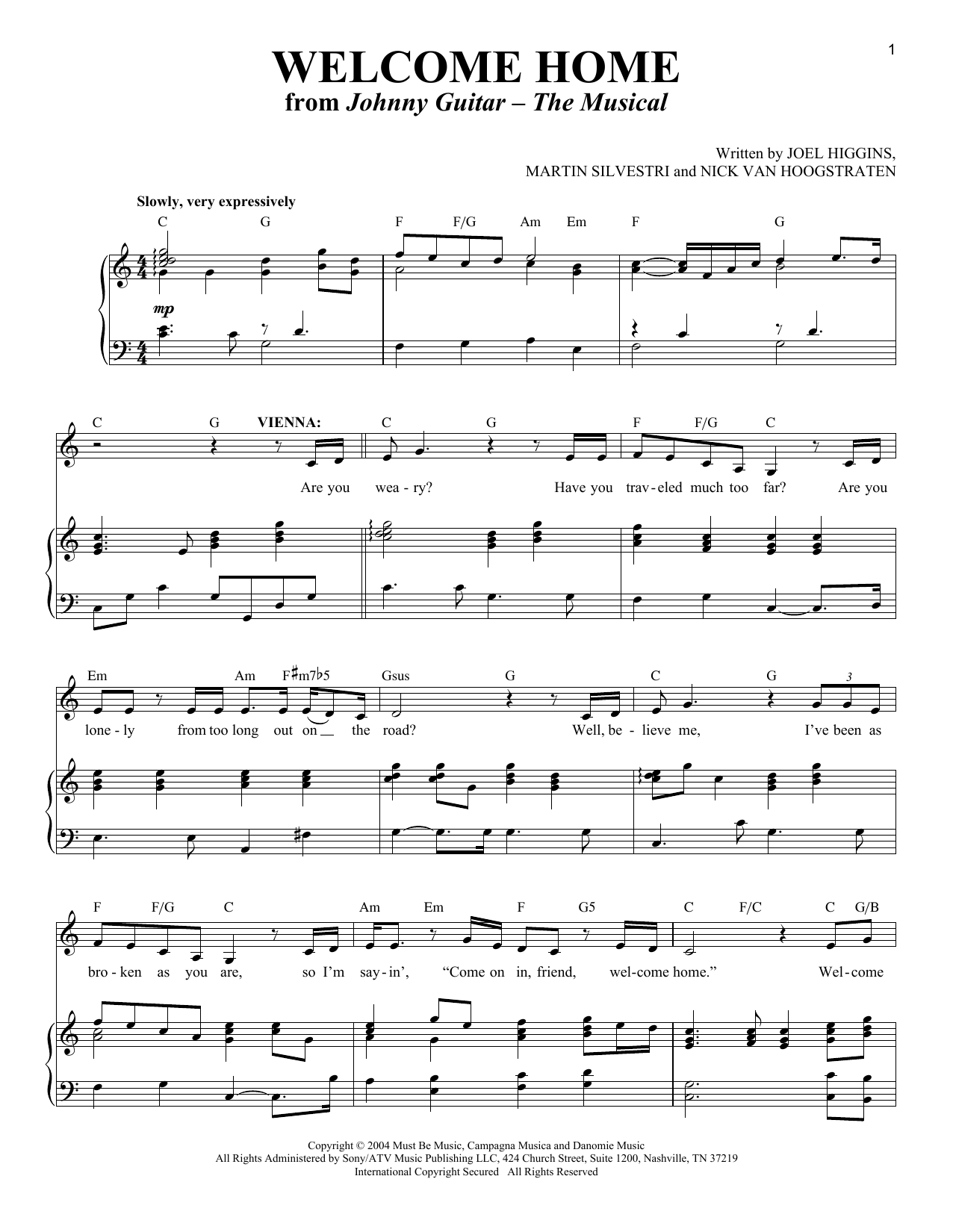 Download Joel Higgins, Martin Silvestri and Nick Van Hoogstraten Welcome Home (from Johnny Guitar - The Musical) Sheet Music and learn how to play Piano & Vocal PDF digital score in minutes
