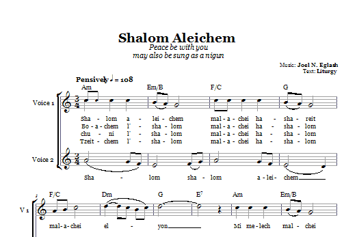 Download Joel N. Eglash Shalom Aleichem (Peace Be With You) Sheet Music and learn how to play 2-Part Choir PDF digital score in minutes