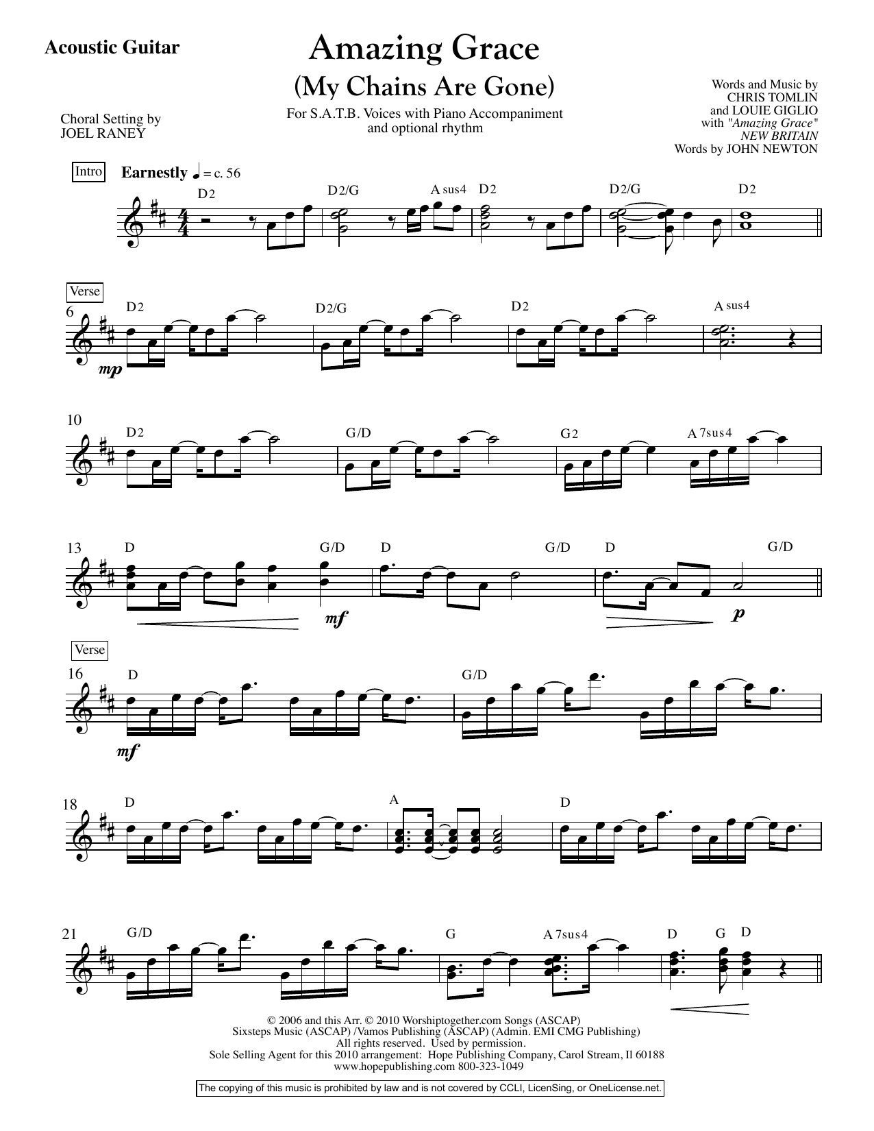 Download Joel Raney Amazing Grace (My Chains Are Gone) - Acoustic Guitar Sheet Music and learn how to play Choir Instrumental Pak PDF digital score in minutes