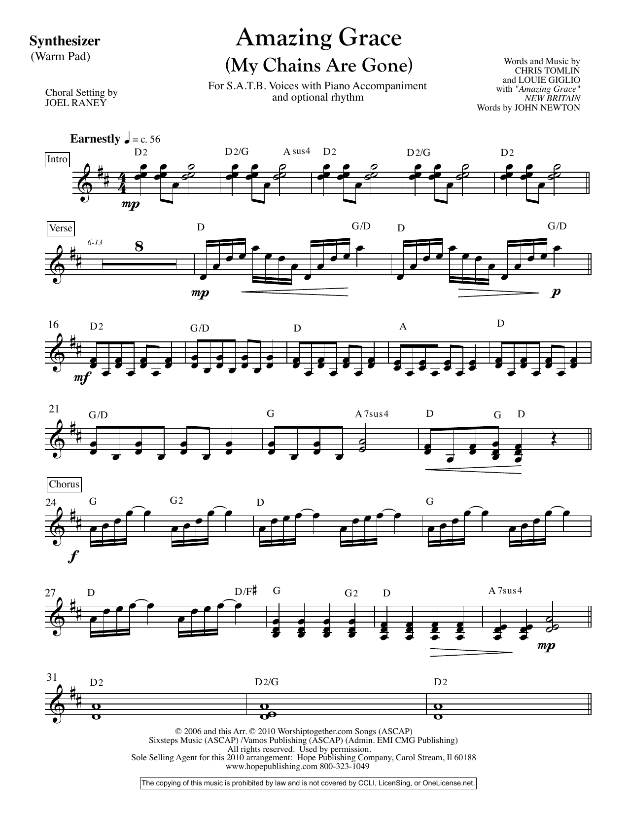 Download Joel Raney Amazing Grace (My Chains Are Gone) - Synthesizer Sheet Music and learn how to play Choir Instrumental Pak PDF digital score in minutes
