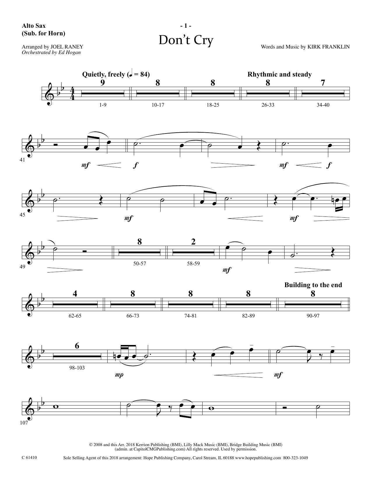 Download Joel Raney Don't Cry - Alto Sax (Horn sub.) Sheet Music and learn how to play Choir Instrumental Pak PDF digital score in minutes