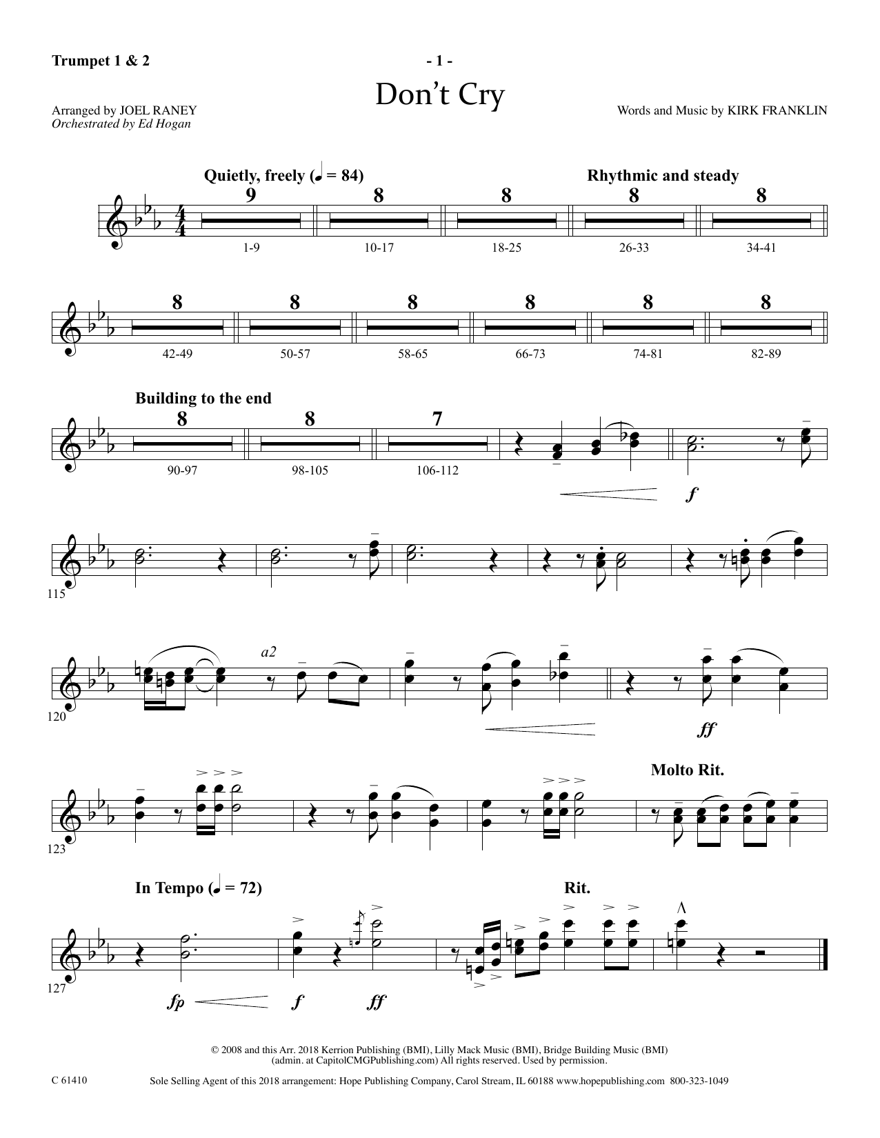Download Joel Raney Don't Cry - Bb Trumpet 1 & 2 Sheet Music and learn how to play Choir Instrumental Pak PDF digital score in minutes