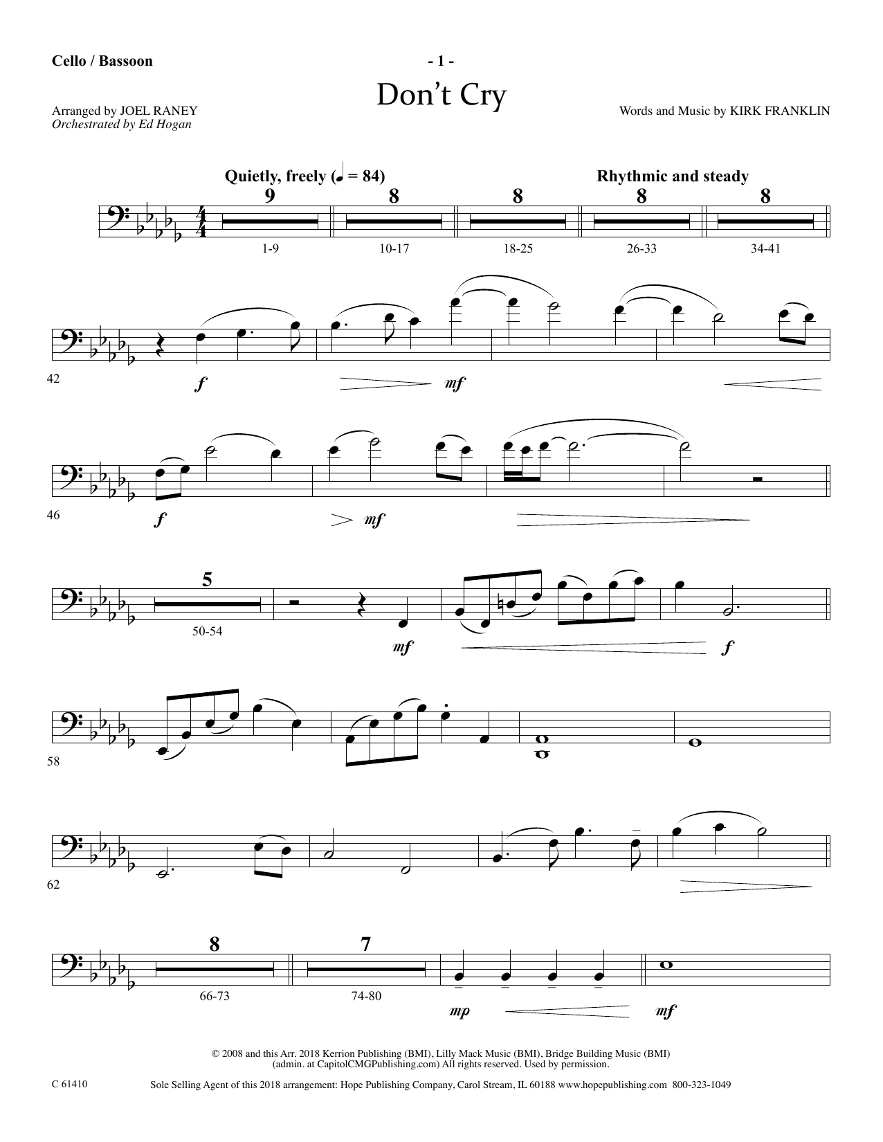 Download Joel Raney Don't Cry - Cello/Bassoon Sheet Music and learn how to play Choir Instrumental Pak PDF digital score in minutes