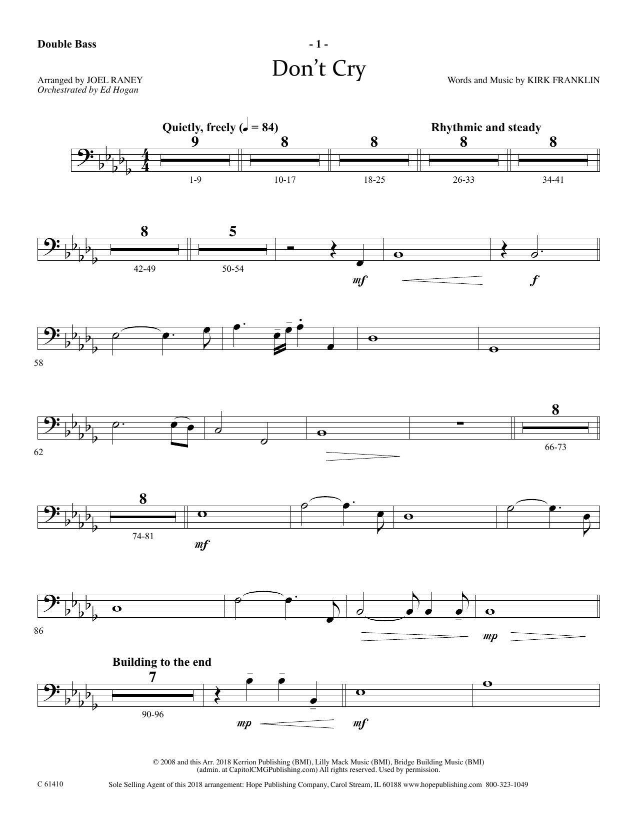 Download Joel Raney Don't Cry - String Bass Sheet Music and learn how to play Choir Instrumental Pak PDF digital score in minutes