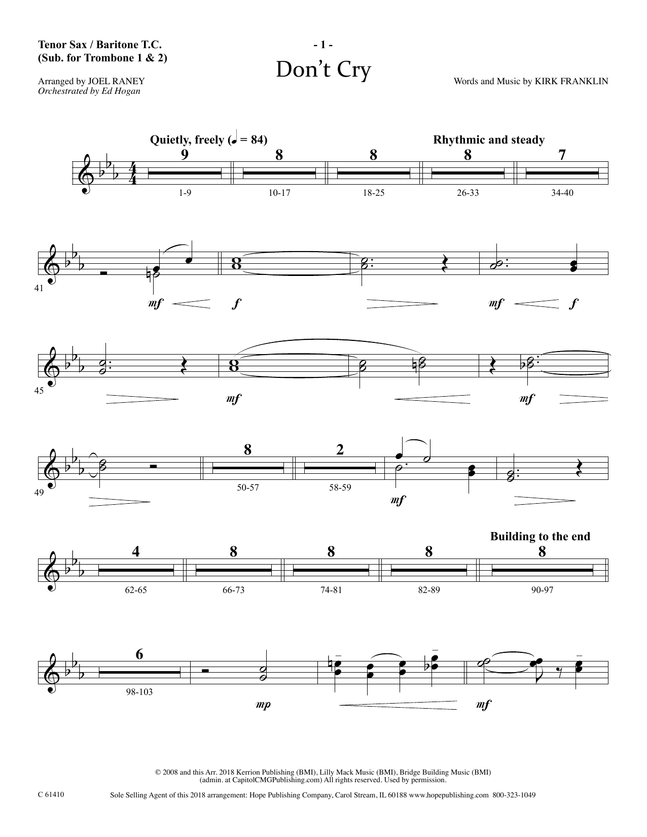 Download Joel Raney Don't Cry - Tenor Sax/BariTC (sub Tbn 1-2) Sheet Music and learn how to play Choir Instrumental Pak PDF digital score in minutes