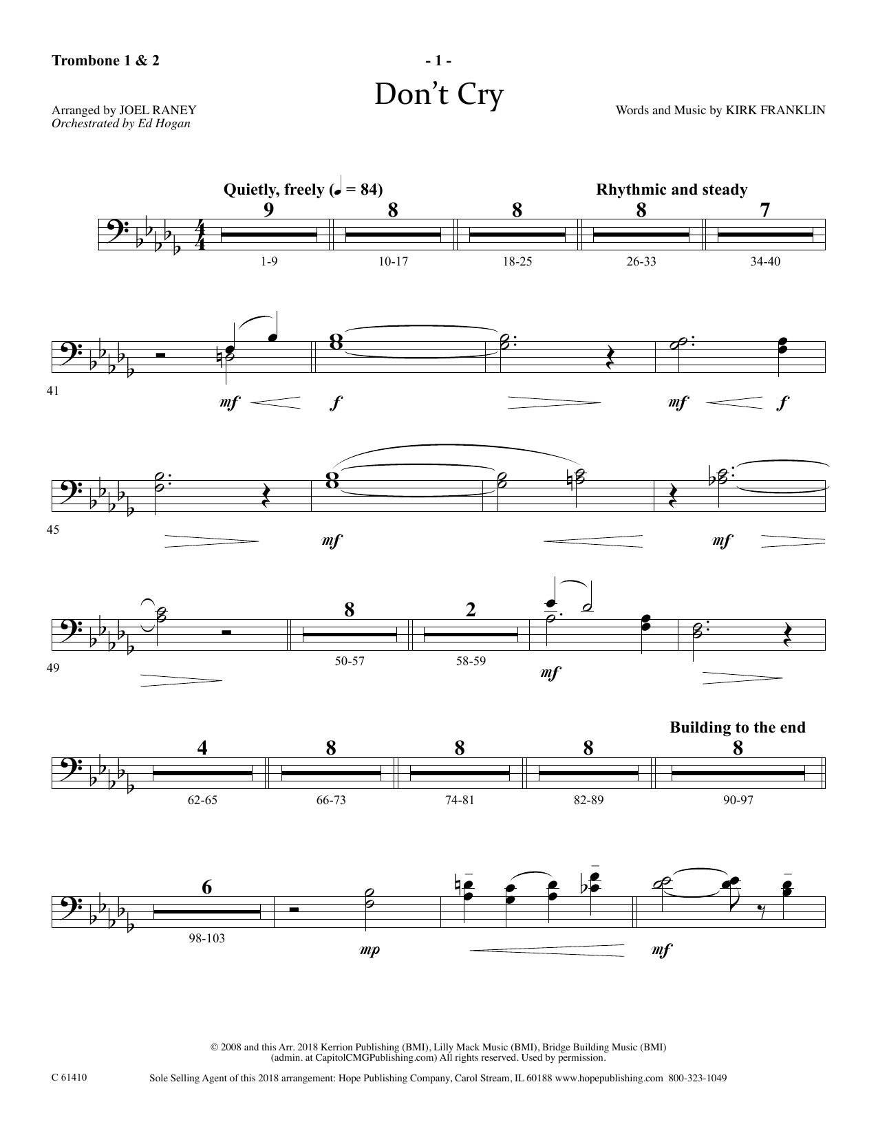 Download Joel Raney Don't Cry - Trombone 1 & 2 Sheet Music and learn how to play Choir Instrumental Pak PDF digital score in minutes