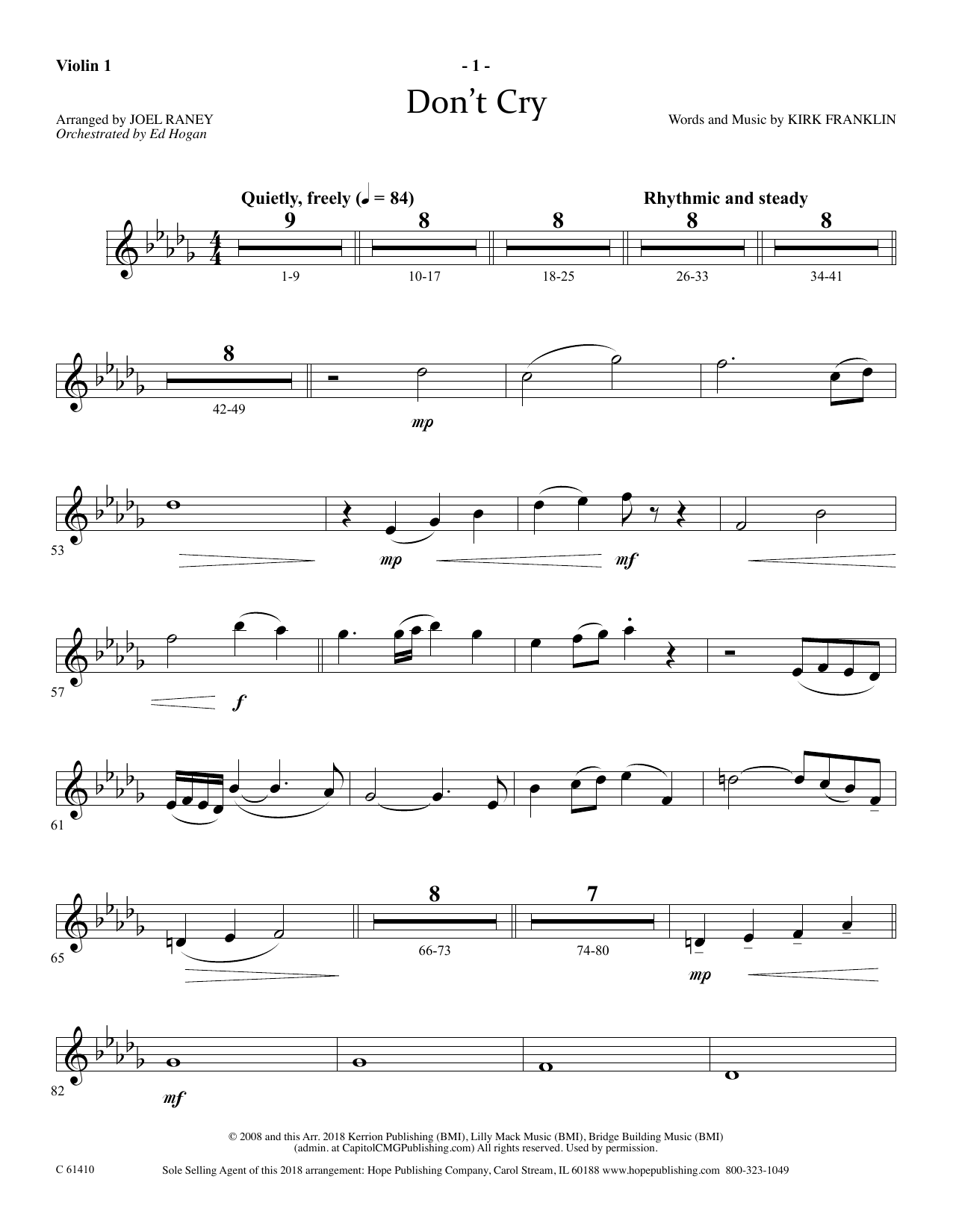 Download Joel Raney Don't Cry - Violin 1 Sheet Music and learn how to play Choir Instrumental Pak PDF digital score in minutes