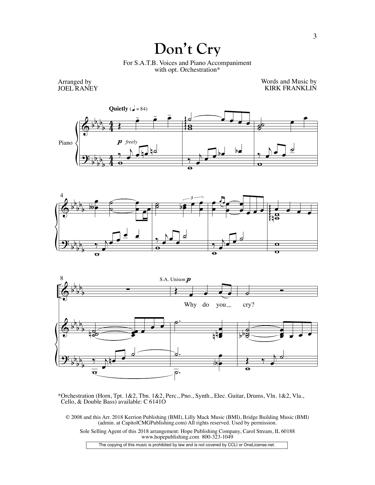 Download Joel Raney Don't Cry Sheet Music and learn how to play SATB Choir PDF digital score in minutes