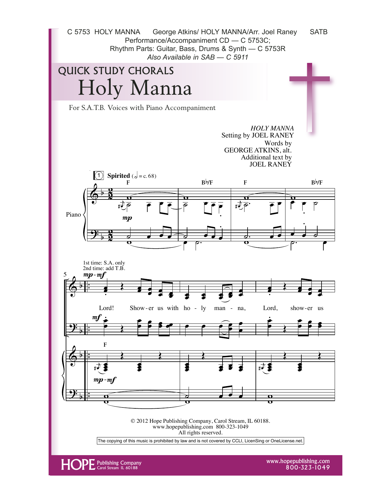 Download Joel Raney Holy Manna Sheet Music and learn how to play SATB Choir PDF digital score in minutes