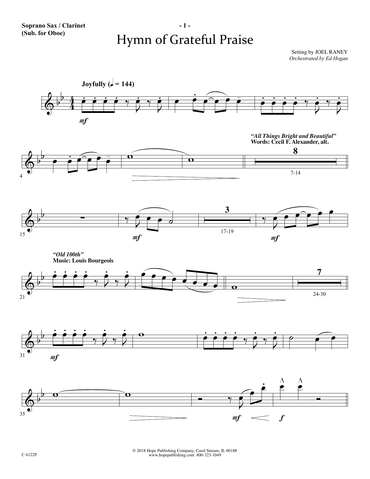 Download Joel Raney Hymn Of Grateful Praise - Soprano Sax/Clarinet(sub oboe) Sheet Music and learn how to play Choir Instrumental Pak PDF digital score in minutes