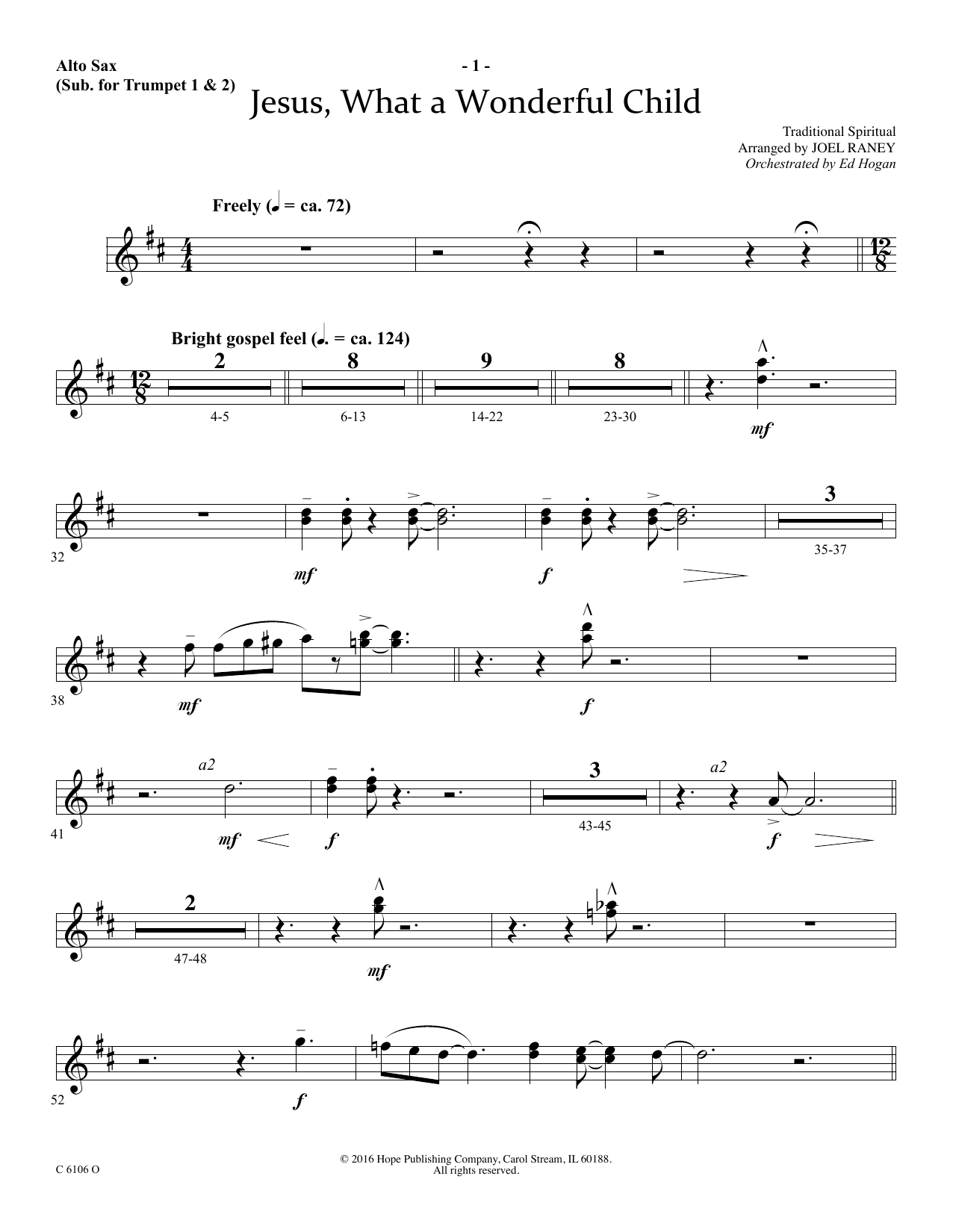 Download Joel Raney Jesus, What a Wonderful Child - Alto Sax (sub. Trumpet 2) Sheet Music and learn how to play Choir Instrumental Pak PDF digital score in minutes