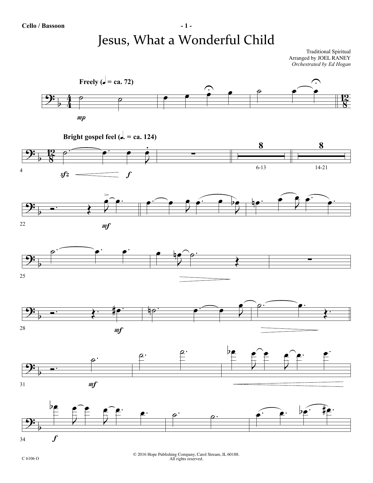 Download Joel Raney Jesus, What a Wonderful Child - Cello/Bassoon Sheet Music and learn how to play Choir Instrumental Pak PDF digital score in minutes