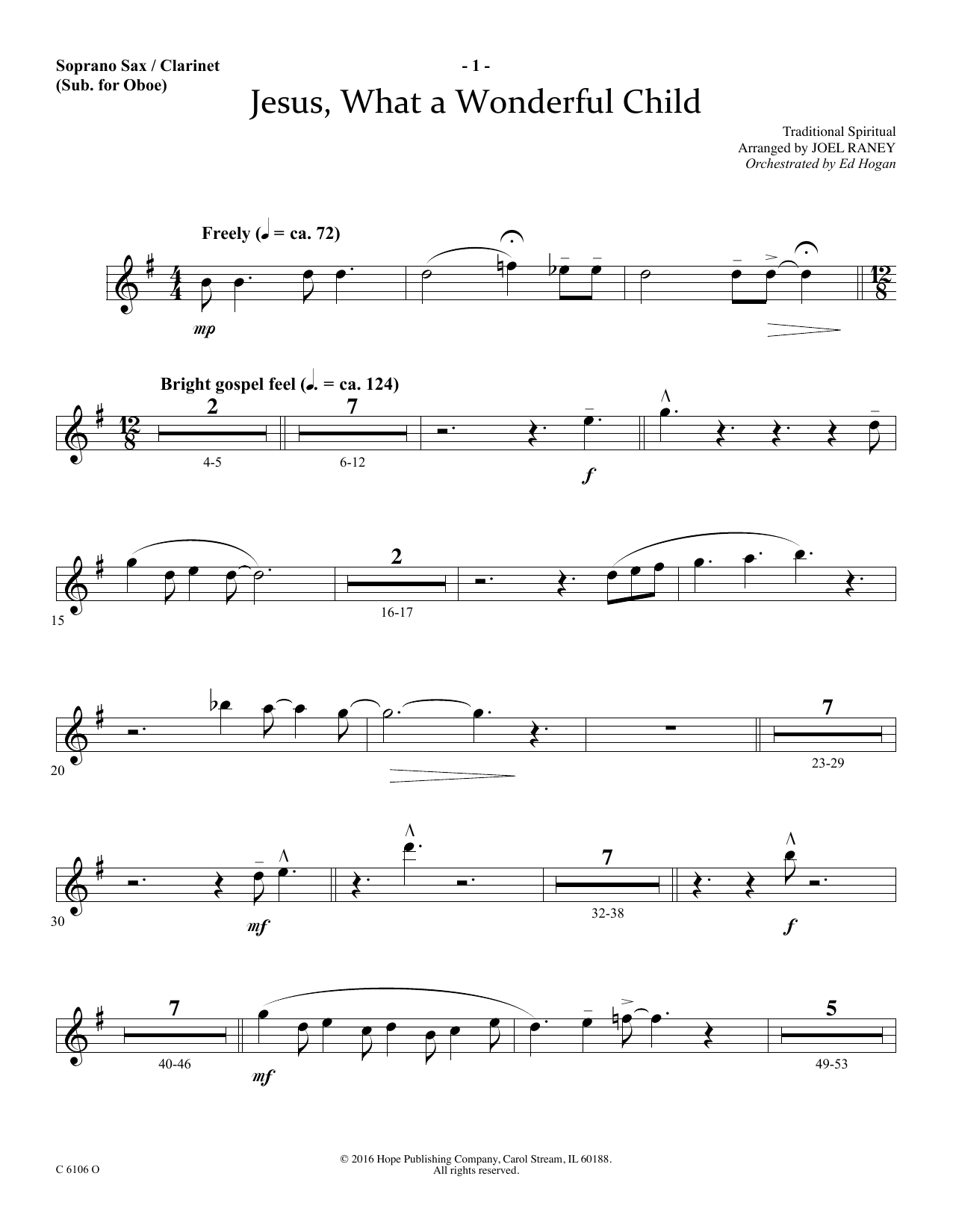 Download Joel Raney Jesus, What a Wonderful Child - Soprano Sax/Clarinet(sub oboe) Sheet Music and learn how to play Choir Instrumental Pak PDF digital score in minutes