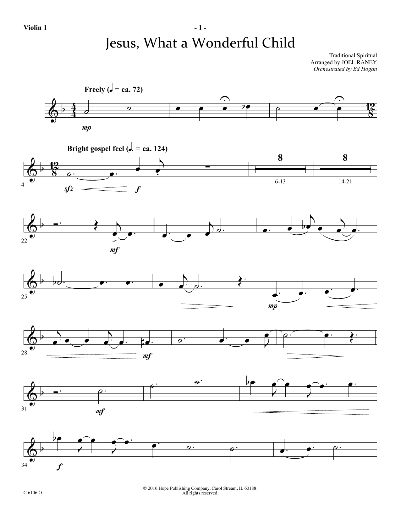 Download Joel Raney Jesus, What a Wonderful Child - Violin 1 Sheet Music and learn how to play Choir Instrumental Pak PDF digital score in minutes