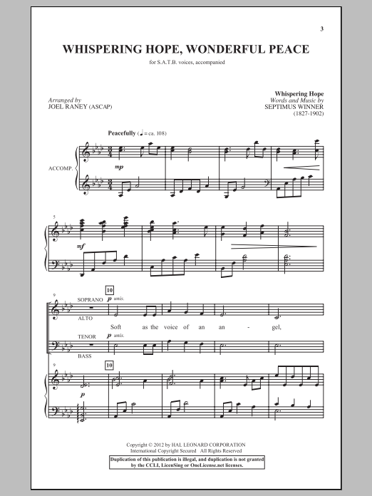 Download Joel Raney Whispering Hope, Wonderful Peace Sheet Music and learn how to play SATB PDF digital score in minutes