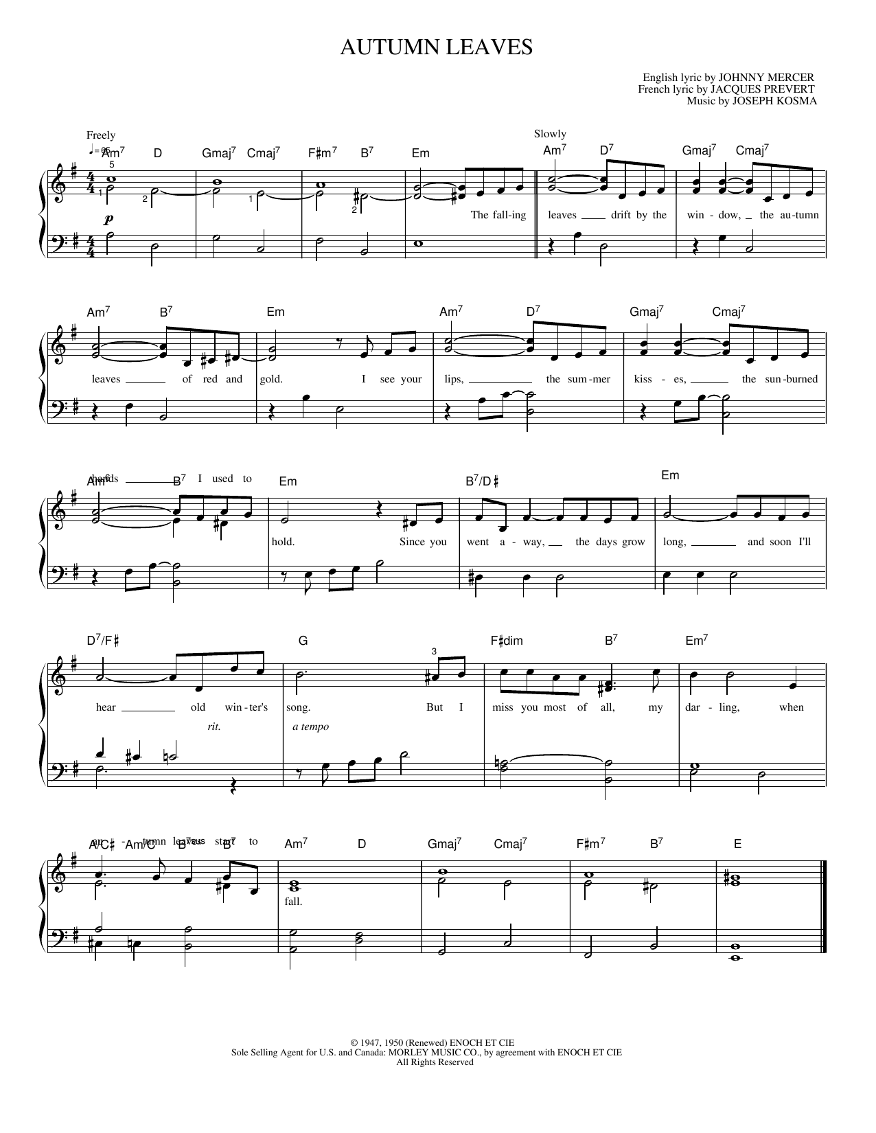 Download Joeph Kosma Autumn Leaves Sheet Music and learn how to play Piano, Vocal & Guitar Chords (Right-Hand Melody) PDF digital score in minutes