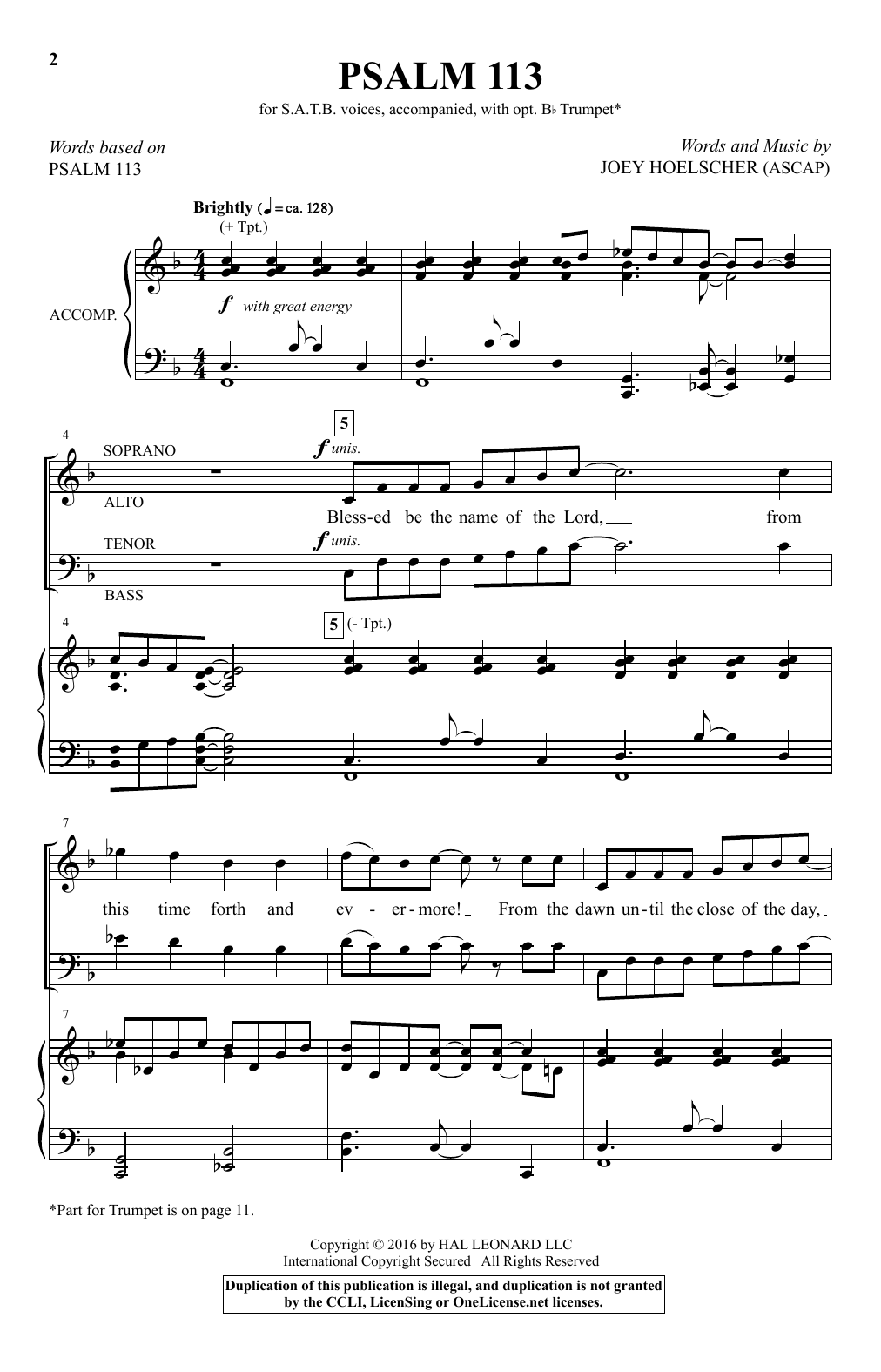 Download Joey Hoelscher Psalm 113 Sheet Music and learn how to play SATB PDF digital score in minutes