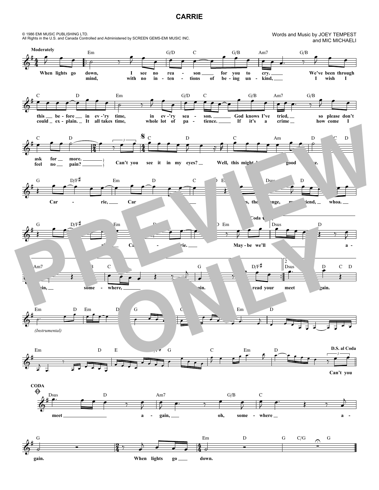 Download Joey Tempest Carrie Sheet Music and learn how to play Melody Line, Lyrics & Chords PDF digital score in minutes