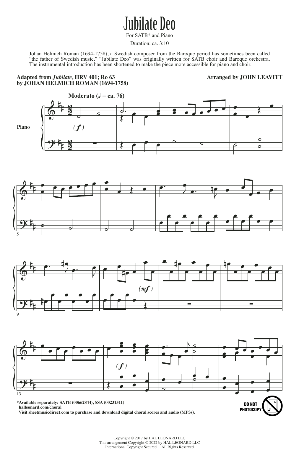 Download Johan Helmich Roman Jubilate Deo (arr. John Leavitt) Sheet Music and learn how to play SATB Choir PDF digital score in minutes