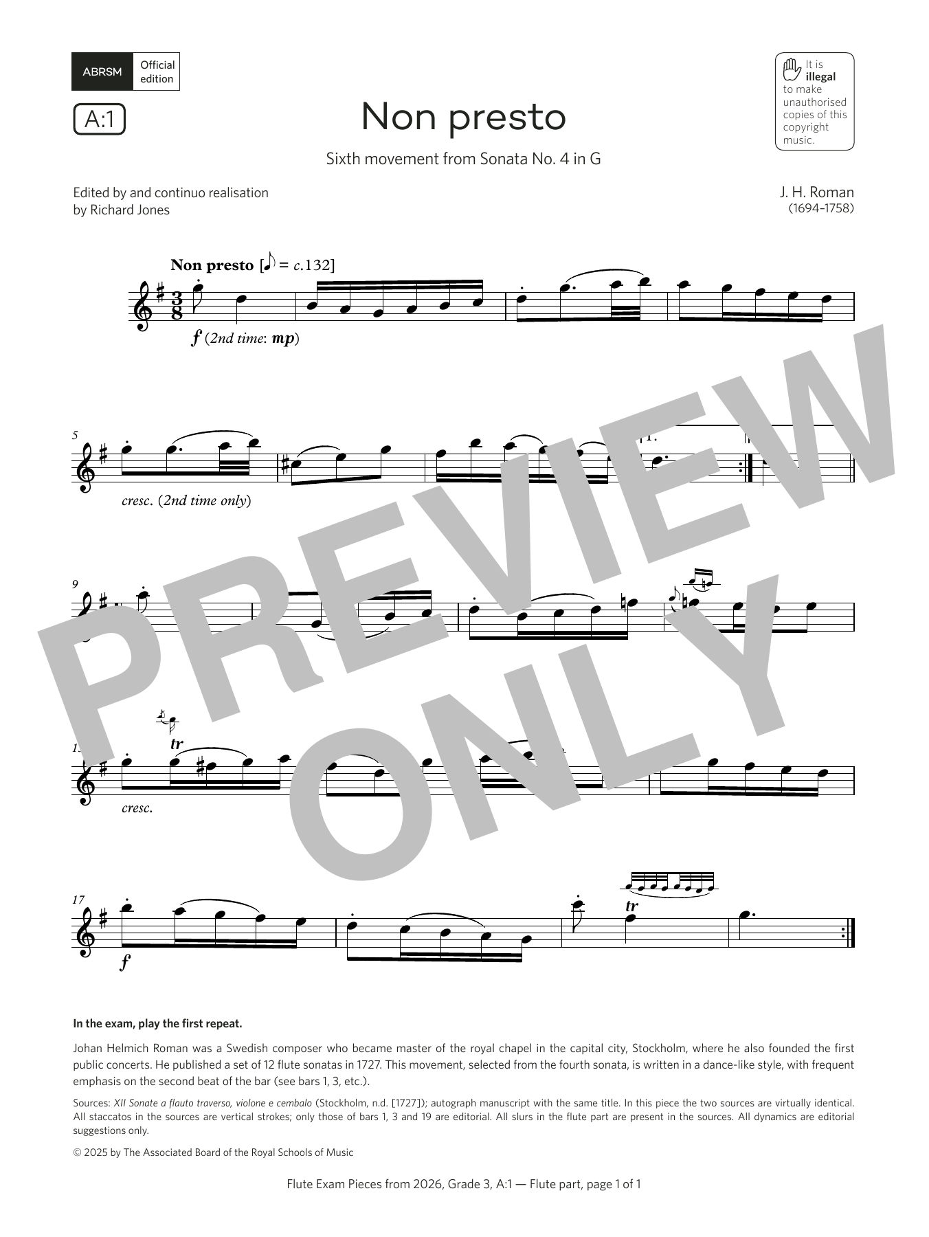 Download Johan Helmich Roman Non presto (Grade 3, list A1, from the ABRSM Flute Syllabus from 2026) Sheet Music and learn how to play Flute Solo PDF digital score in minutes