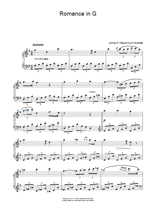Download Johann Nepomuk Hummel Romance In G Op.52 No.4 Sheet Music and learn how to play Piano PDF digital score in minutes