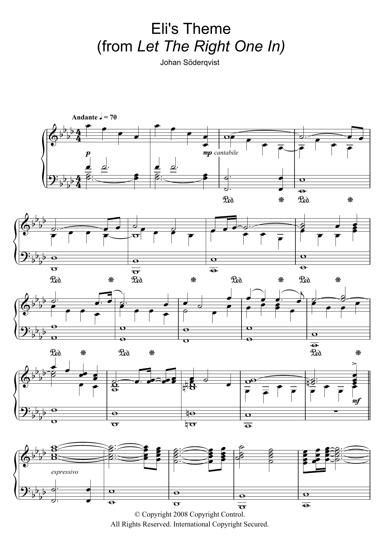Download Johan Soderqvist Eli's Theme (from Let The Right One In) Sheet Music and learn how to play Piano PDF digital score in minutes
