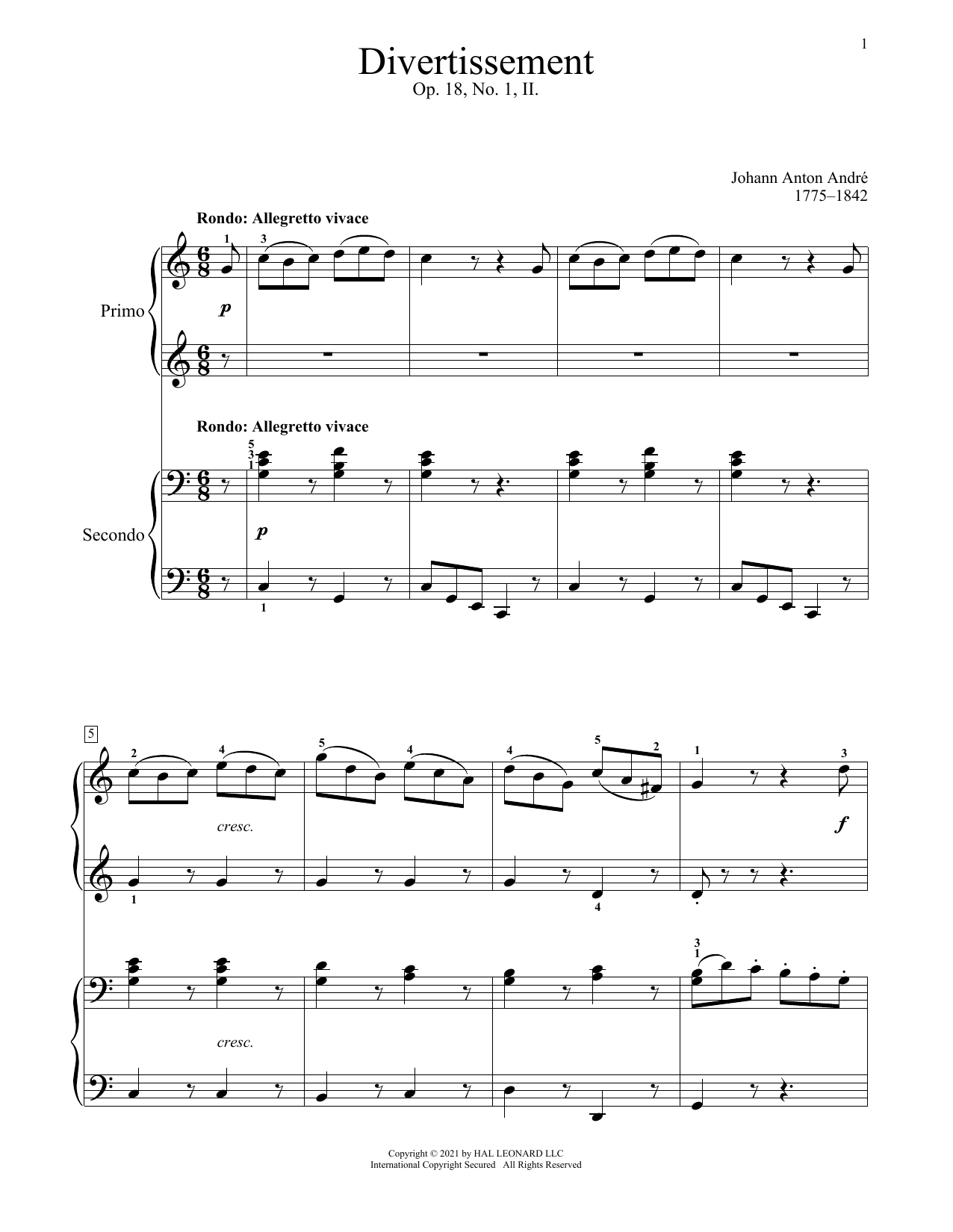 Download Johann Anton Andre Divertissement, Op. 18, No. 1 (II. Rondo) Sheet Music and learn how to play Piano Duet PDF digital score in minutes