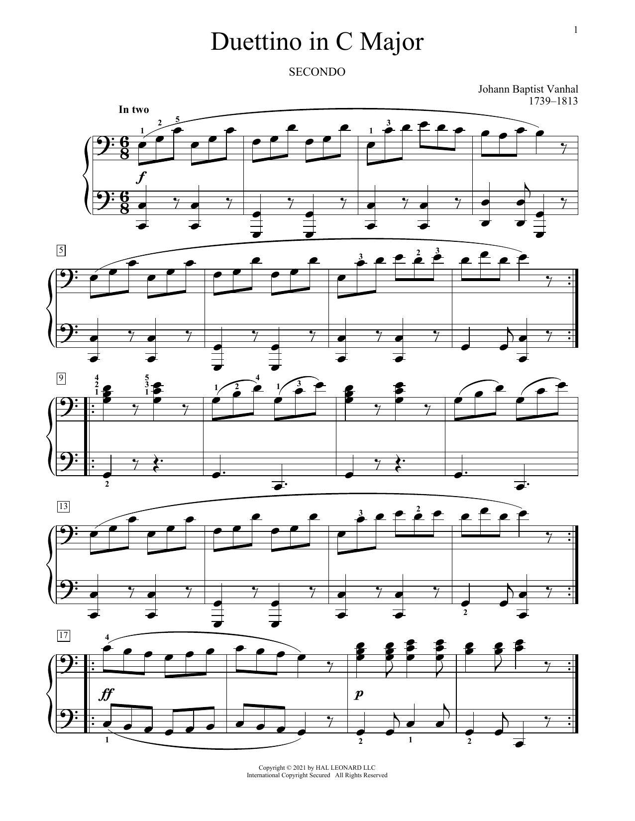 Download Johann Baptist Vanhal Duettino In C Major Sheet Music and learn how to play Piano Duet PDF digital score in minutes