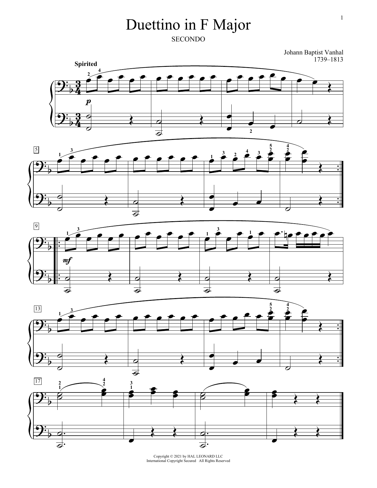 Download Johann Baptist Vanhal Duettino In F Major Sheet Music and learn how to play Piano Duet PDF digital score in minutes