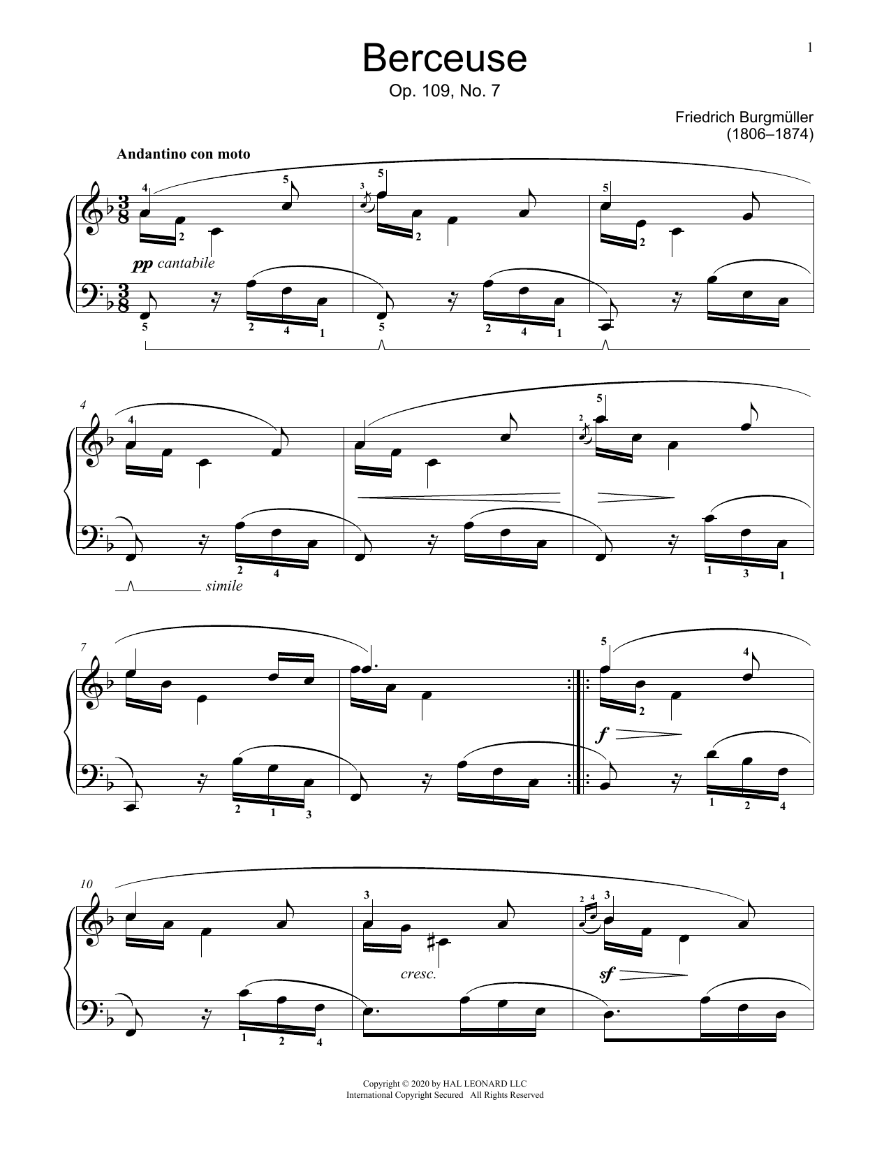 Download Johann Friedrich Burgmuller Lullaby, Op. 109, No. 7 Sheet Music and learn how to play Educational Piano PDF digital score in minutes