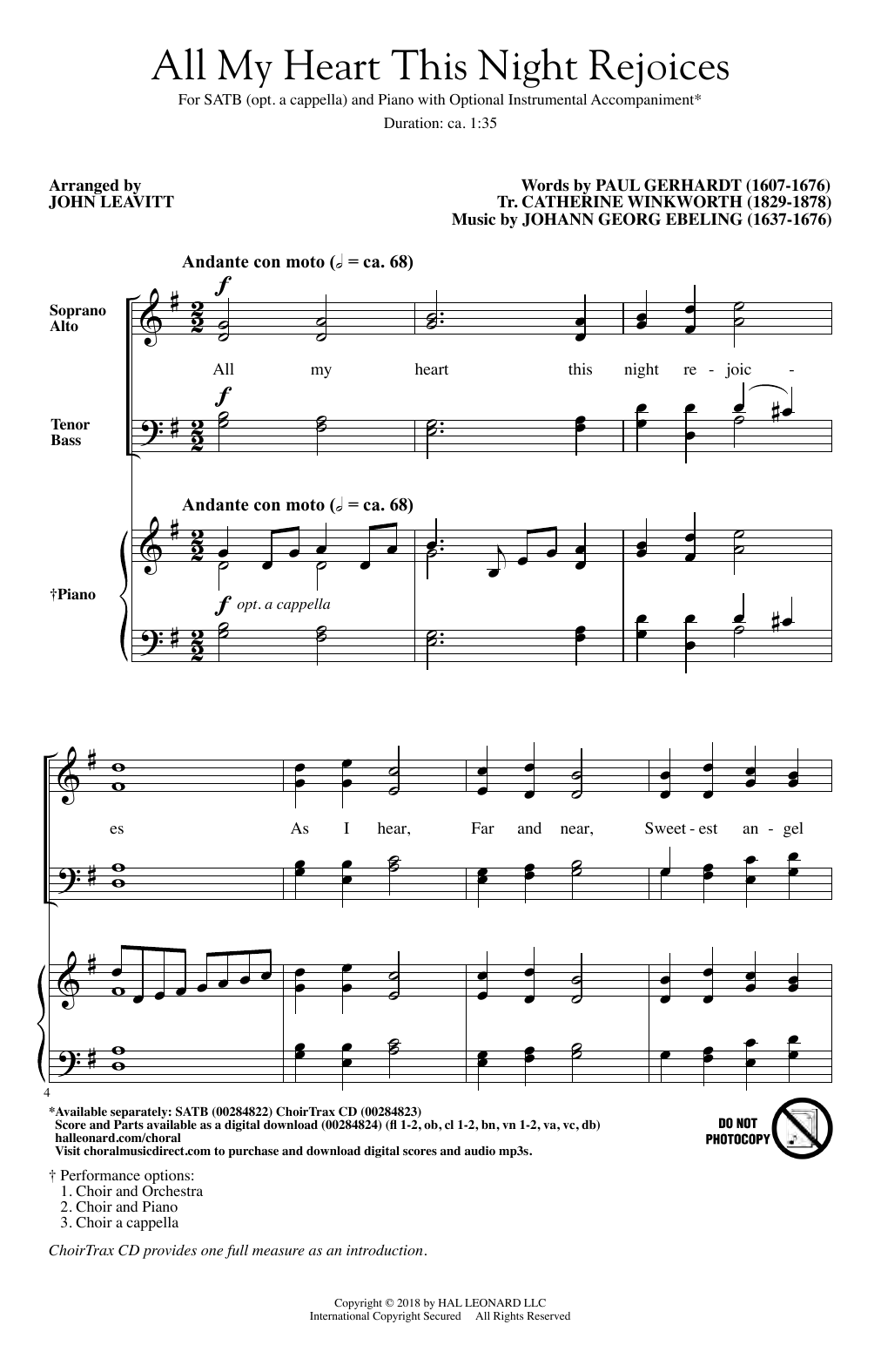 Download Johann Georg Ebeling All My Heart This Night Rejoices (arr. John Leavitt) Sheet Music and learn how to play SATB Choir PDF digital score in minutes