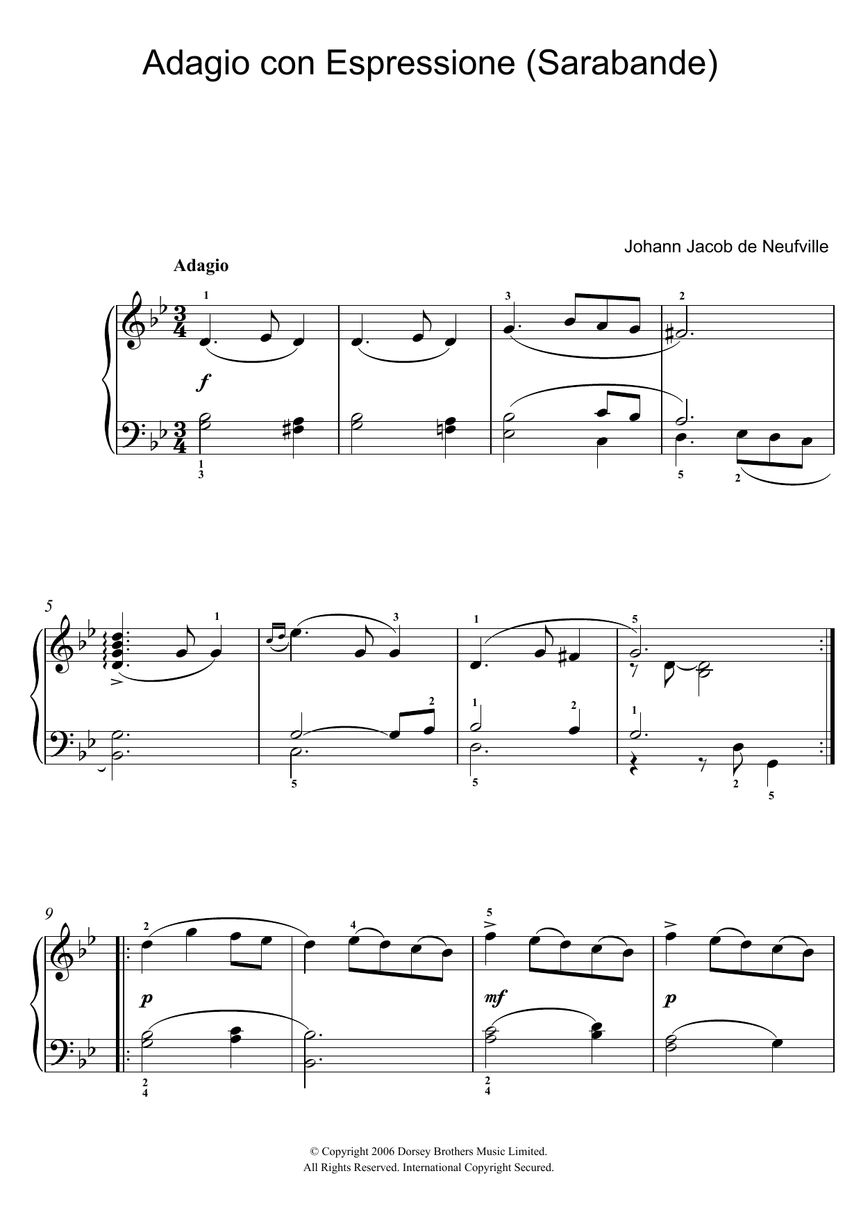 Download Johann Jacob de Neufville Adagio Con Espressione (Sarabande) Sheet Music and learn how to play Piano PDF digital score in minutes