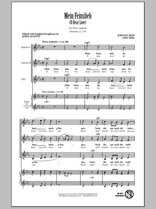 Download Johann Jeep O Dear Love (Mein Feinslieb) Sheet Music and learn how to play SSA Choir PDF digital score in minutes