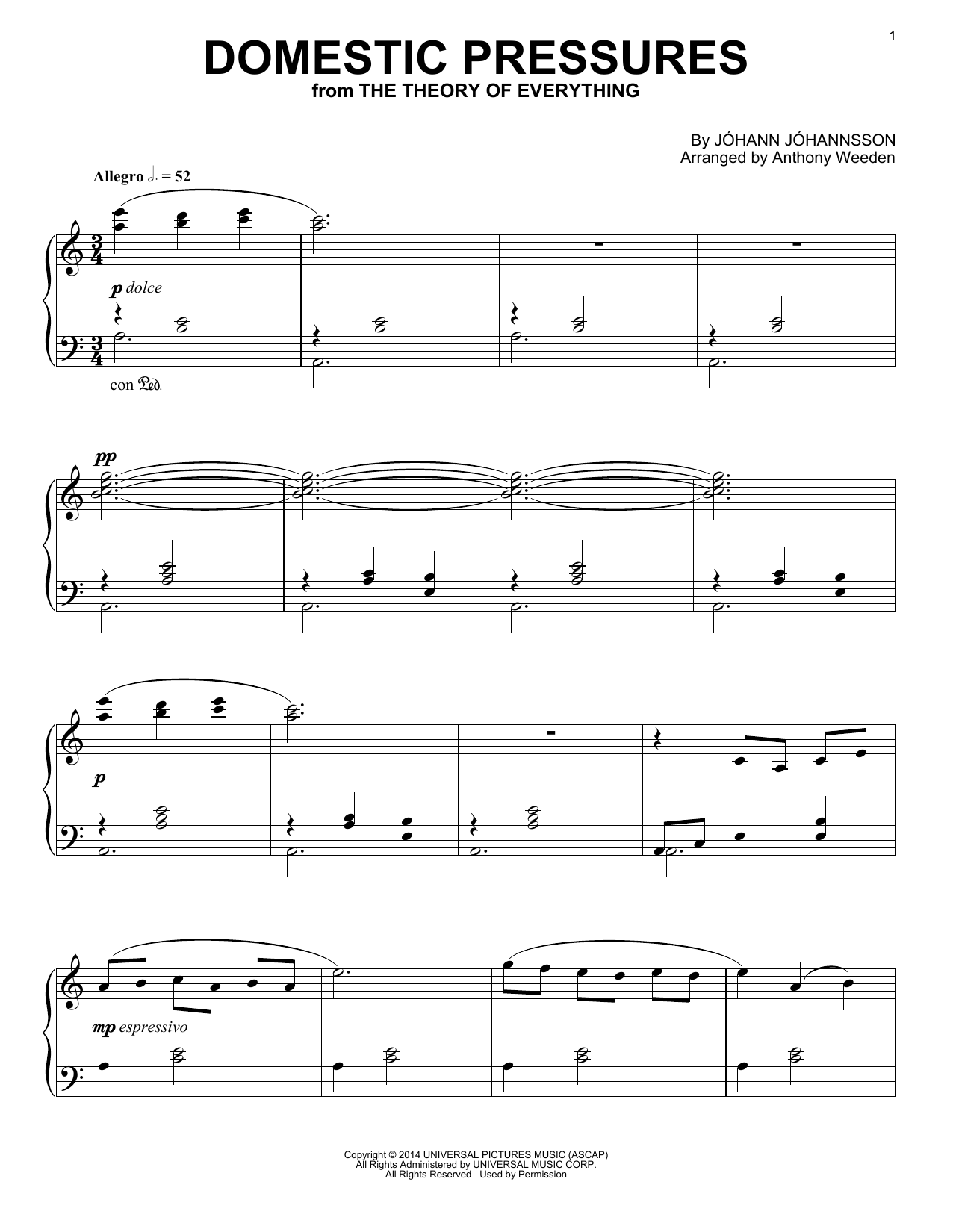 Download Johann Johannsson Domestic Pressures Sheet Music and learn how to play Piano PDF digital score in minutes