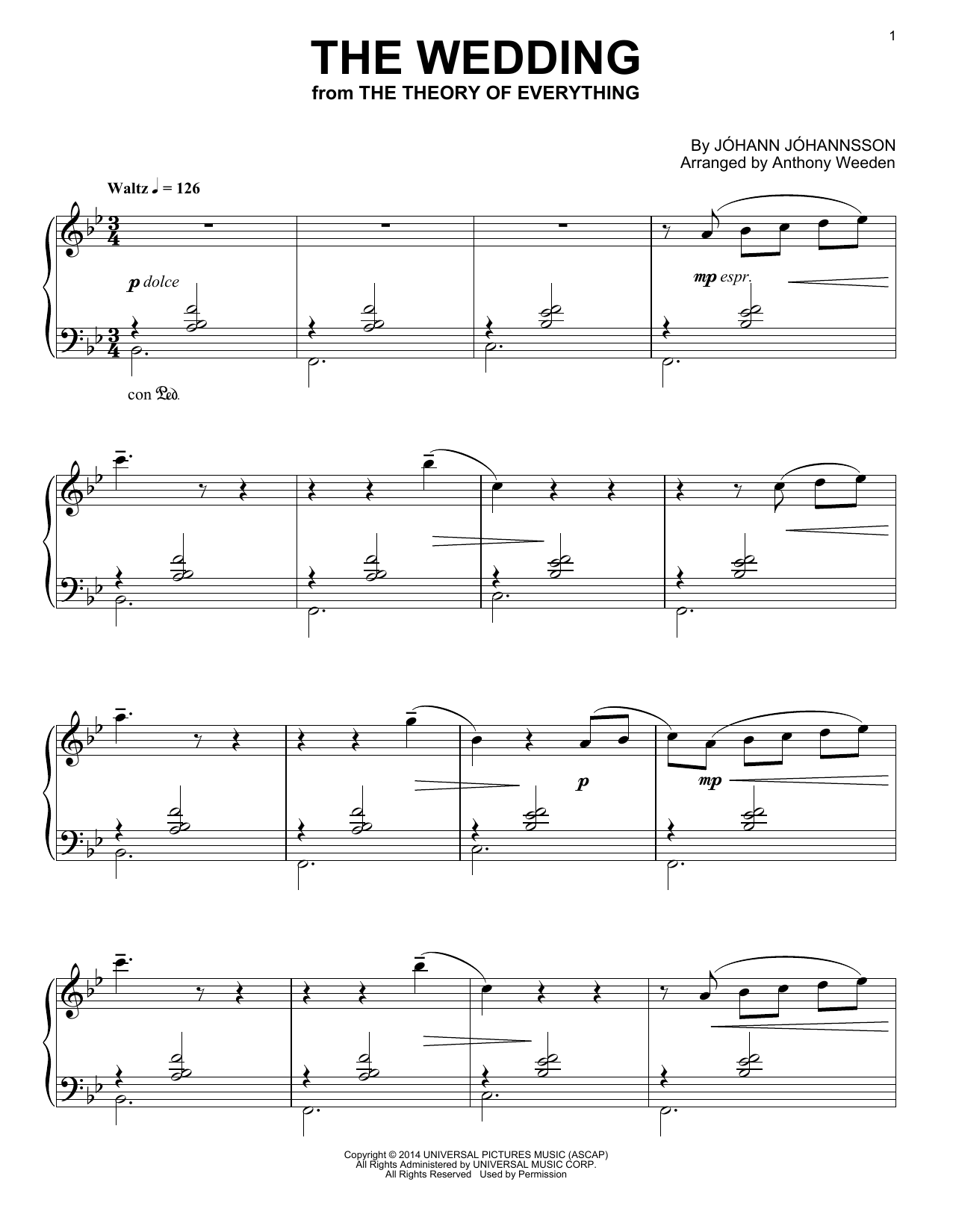 Download Johann Johannsson The Wedding (from 'The Theory of Everything') Sheet Music and learn how to play Piano PDF digital score in minutes
