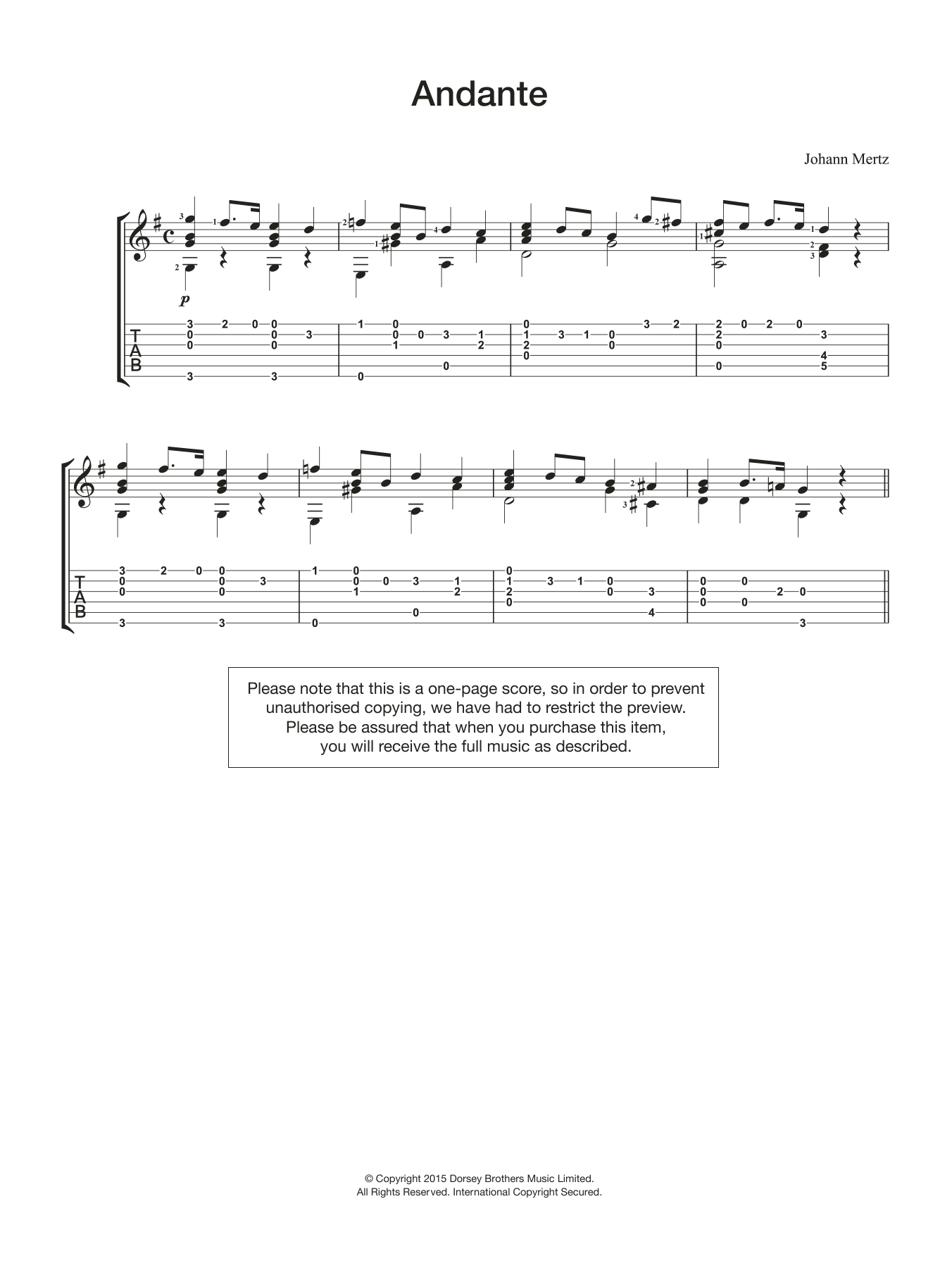 Download Johann Kaspar Mertz Andante Sheet Music and learn how to play Guitar PDF digital score in minutes
