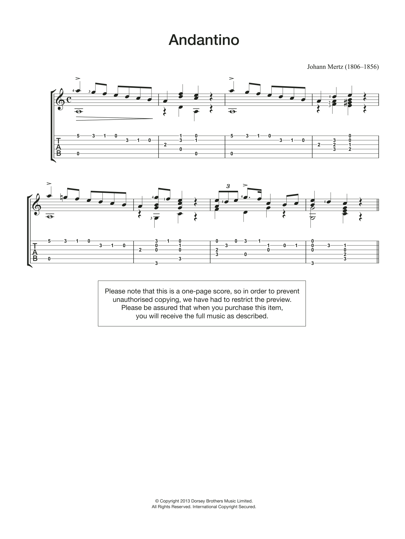 Download Johann Kaspar Mertz Andantino Sheet Music and learn how to play Guitar PDF digital score in minutes