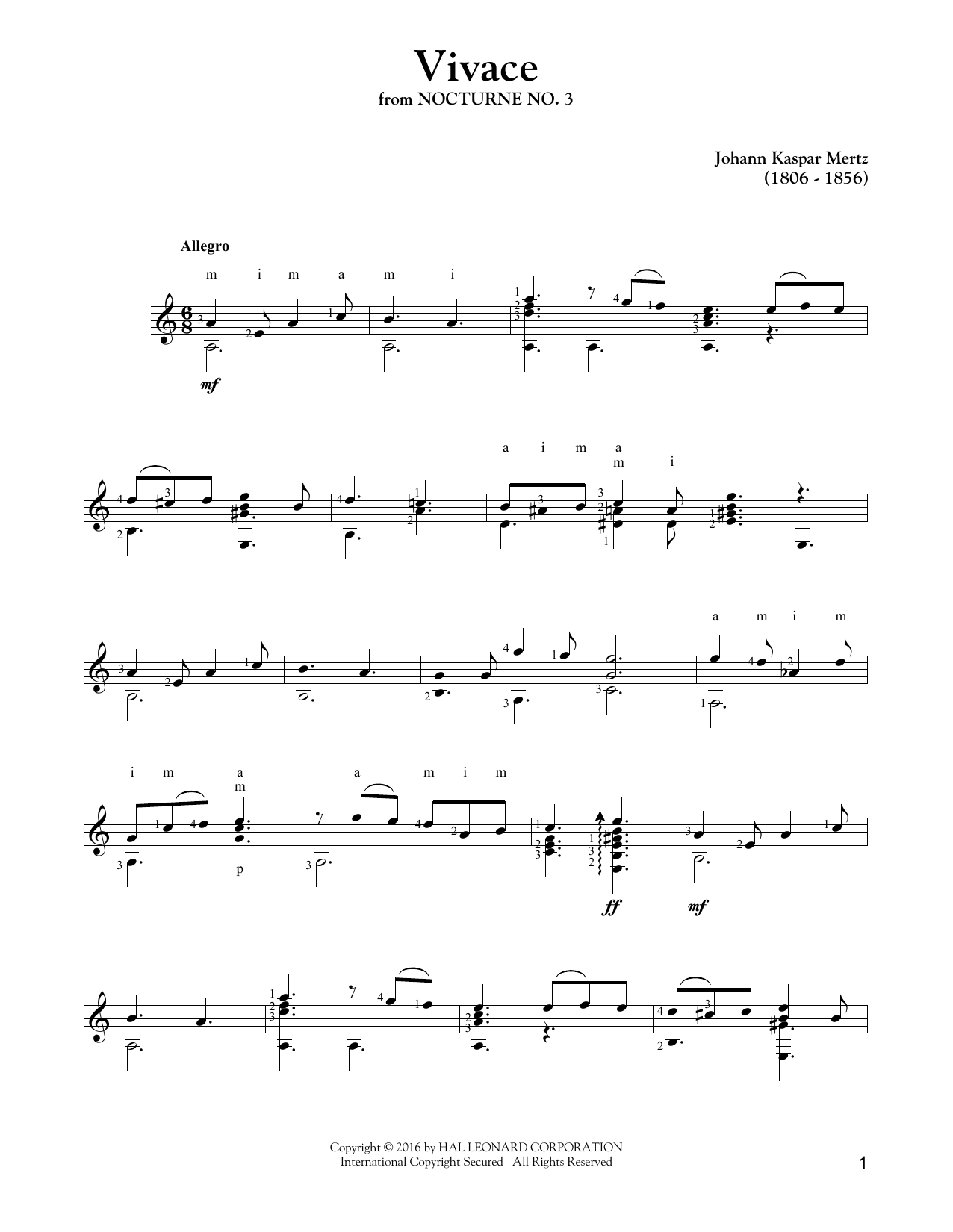 Download Johann Kaspar Mertz Vivace Sheet Music and learn how to play Guitar Tab PDF digital score in minutes