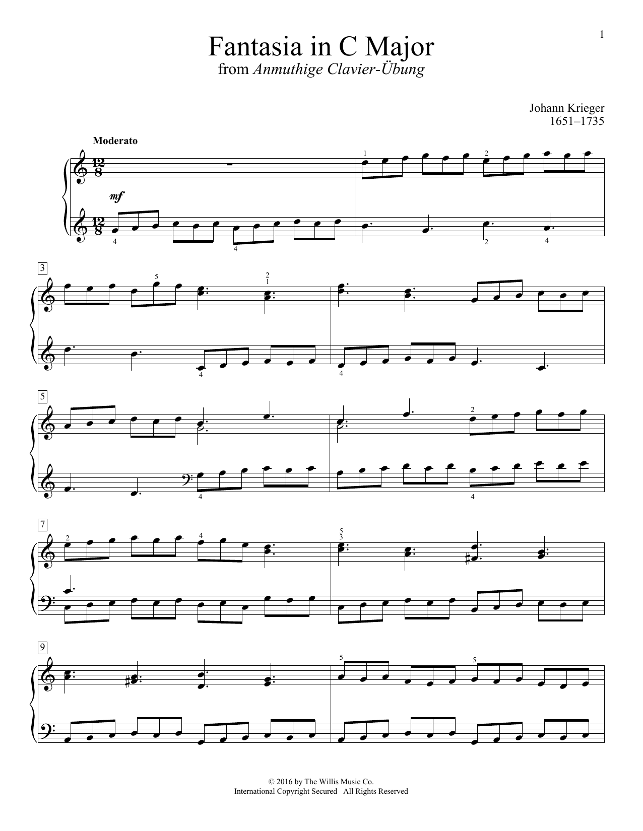 Download Johann Krieger Fantasia In C Major Sheet Music and learn how to play Educational Piano PDF digital score in minutes