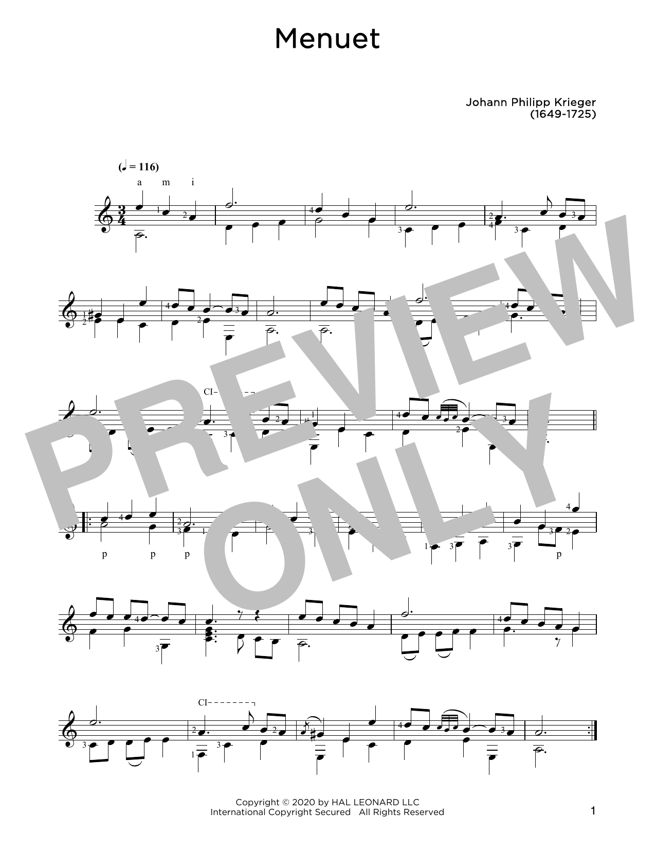 Download Johann Krieger Menuet Sheet Music and learn how to play Solo Guitar PDF digital score in minutes
