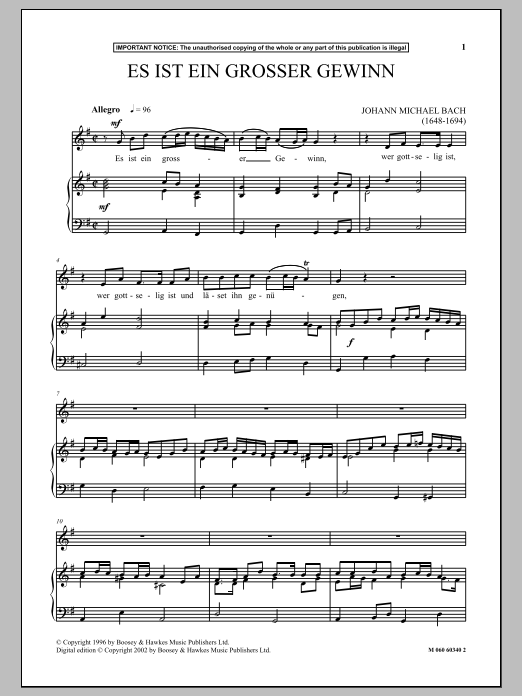 Download Johann Michael Bach Es Ist Ein Grosser Gewinn Sheet Music and learn how to play Piano & Vocal PDF digital score in minutes