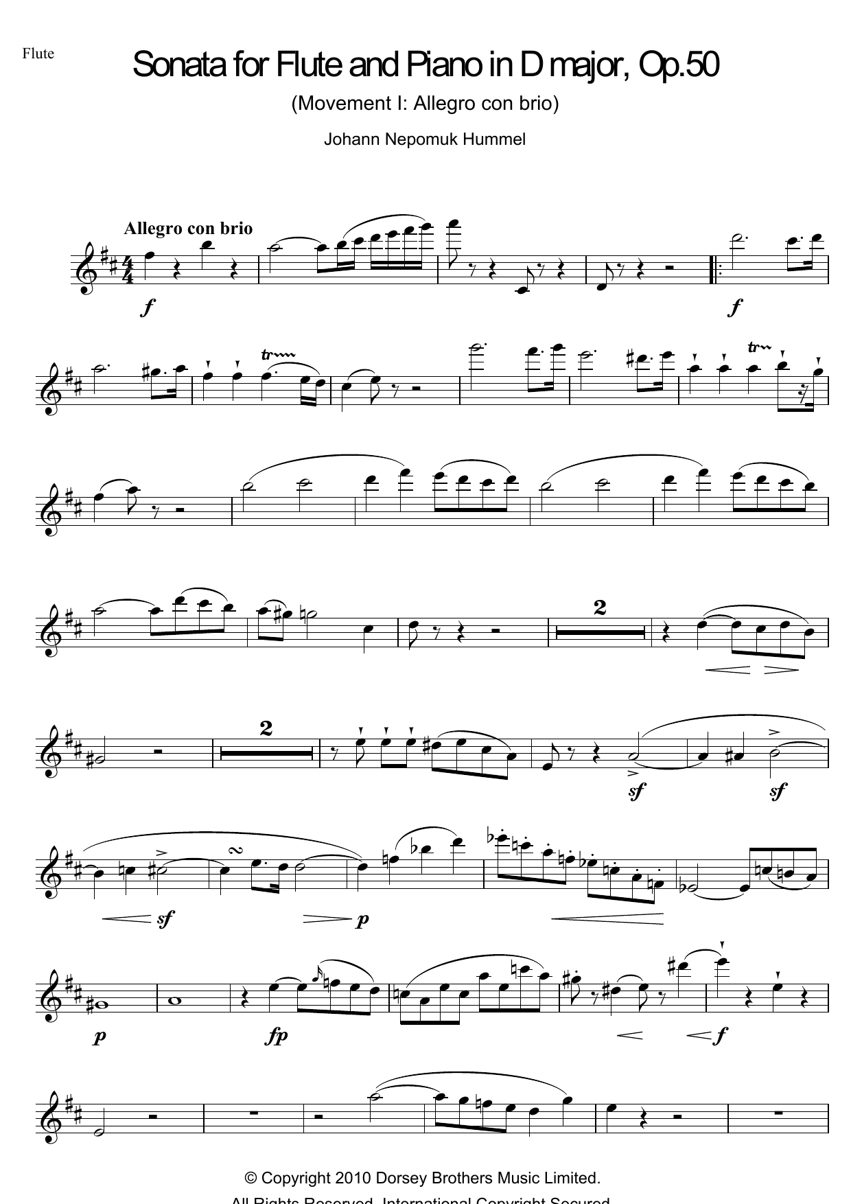 Download Johann Nepomuk Hummel Sonata For Flute And Piano In D Major, Op.50 Sheet Music and learn how to play Flute PDF digital score in minutes