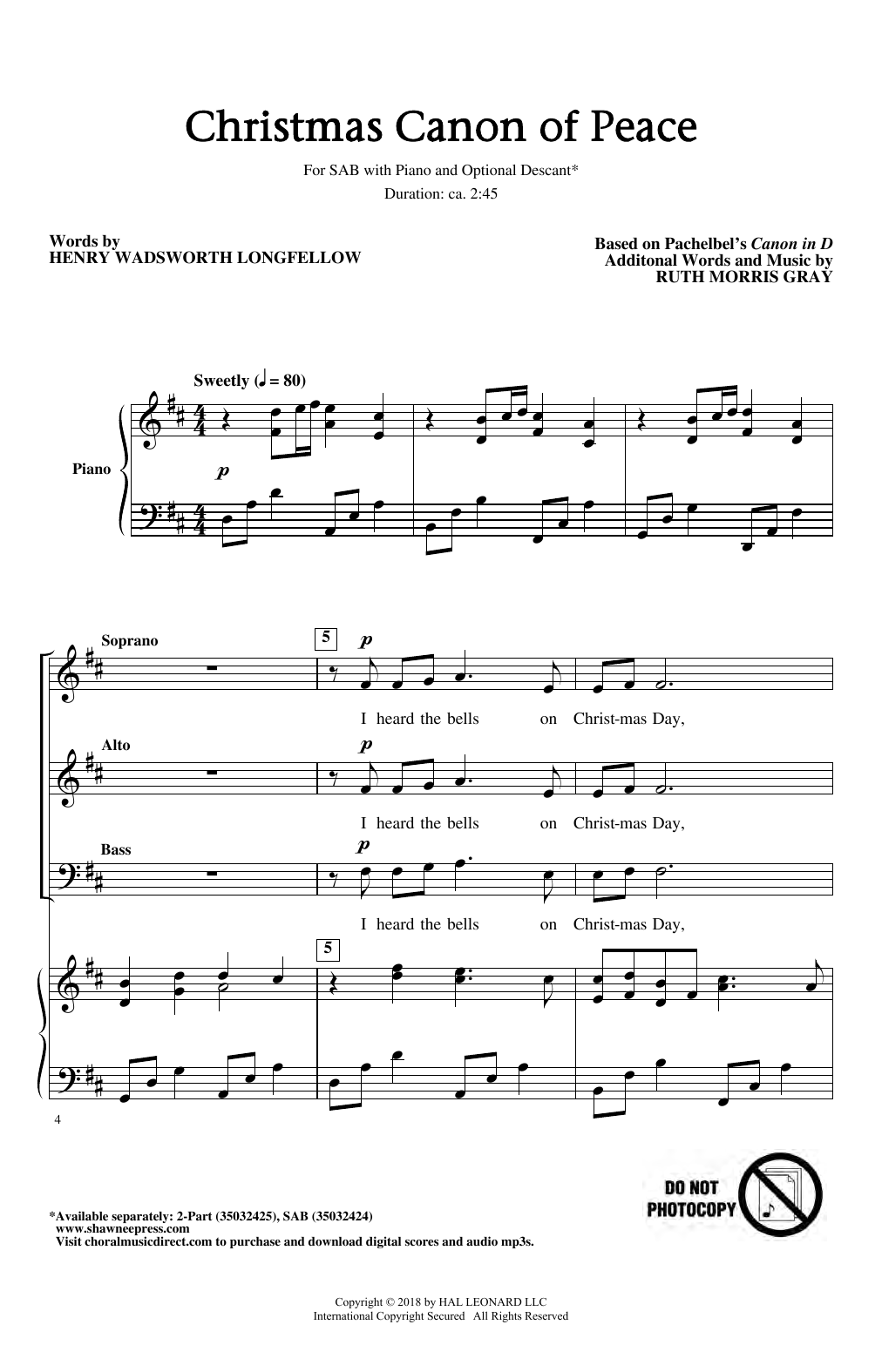 Download Johann Pachelbel Christmas Canon Of Peace (arr. Ruth Morris Gray) Sheet Music and learn how to play 2-Part Choir PDF digital score in minutes