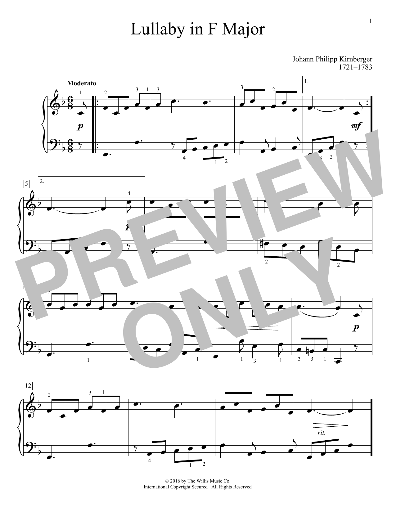 Download Johann Philipp Kirnberger Lullaby In F Major Sheet Music and learn how to play Educational Piano PDF digital score in minutes