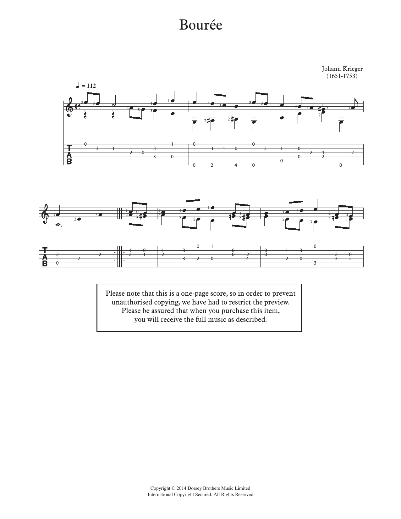 Download Johann Philipp Krieger Bouree Sheet Music and learn how to play Guitar PDF digital score in minutes
