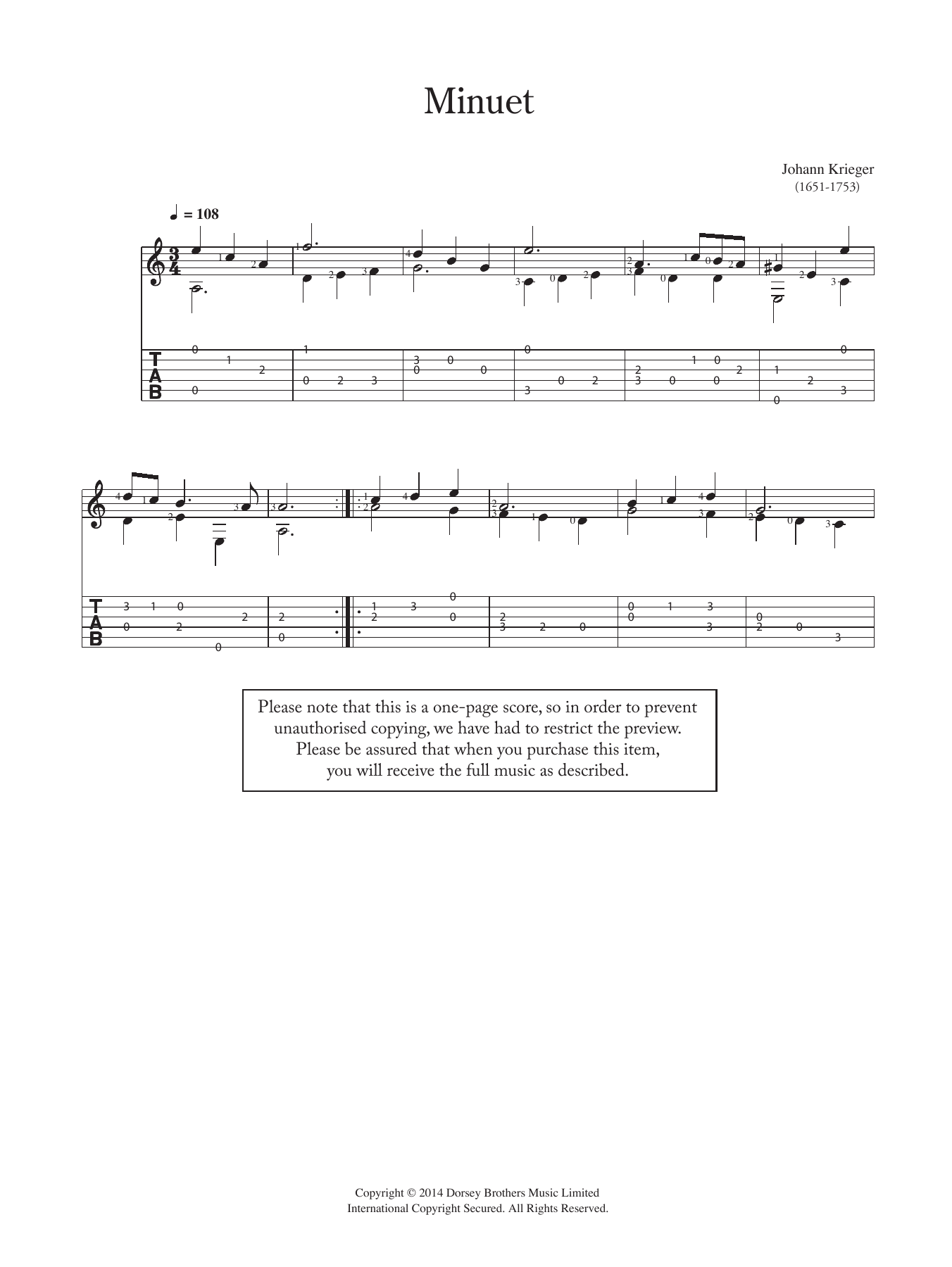 Download Johann Philipp Krieger Minuet Sheet Music and learn how to play Guitar PDF digital score in minutes