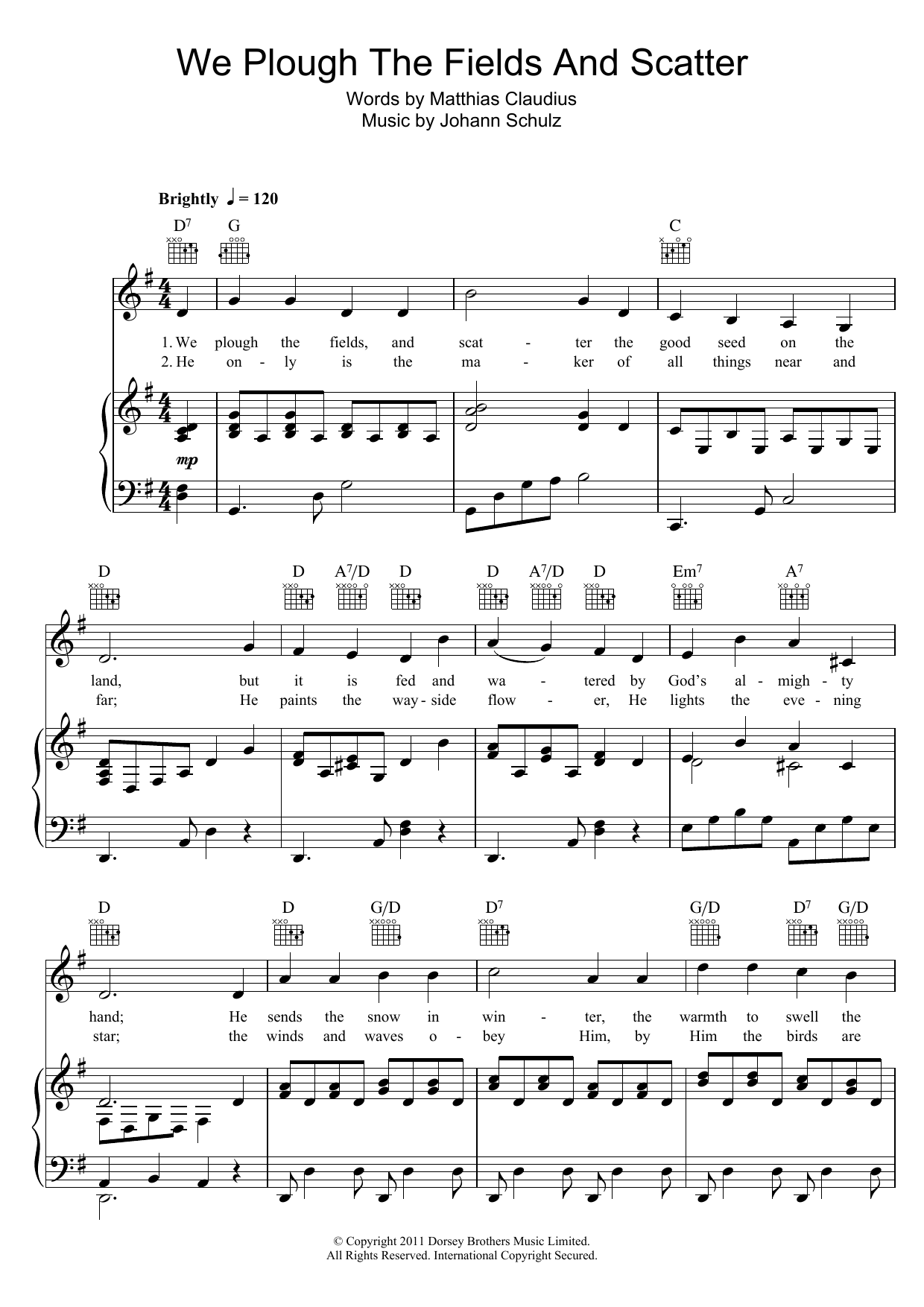 Download Johann Schulz We Plough The Fields And Scatter Sheet Music and learn how to play Piano, Vocal & Guitar (Right-Hand Melody) PDF digital score in minutes
