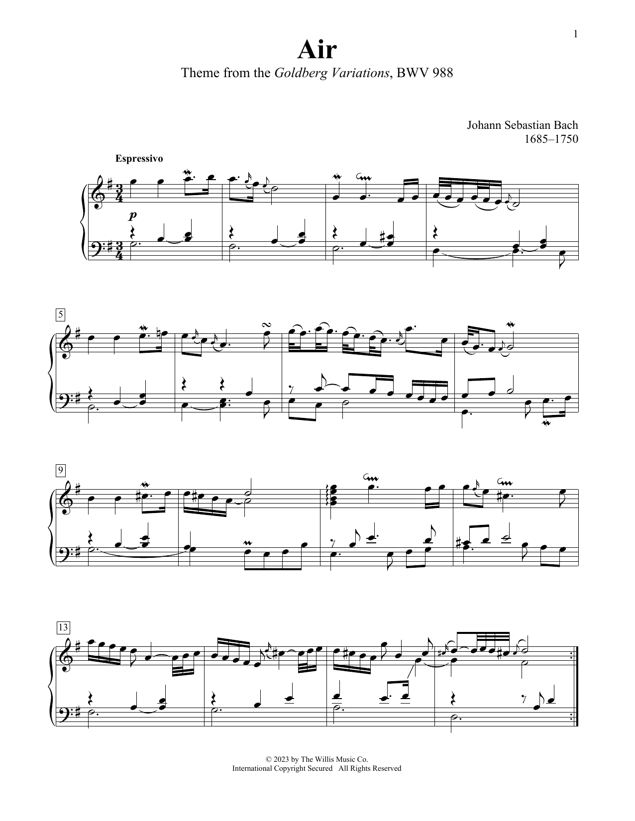 Download Johann Sebastian Bach Air (Theme From The Goldberg Variations, BWV 988) Sheet Music and learn how to play Educational Piano PDF digital score in minutes